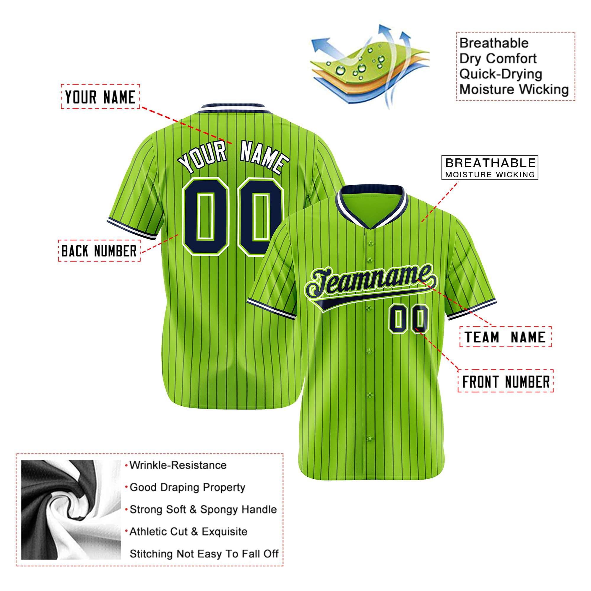 Custom Neon Green Navy Pinstripe Navy-White Authentic Baseball Jersey