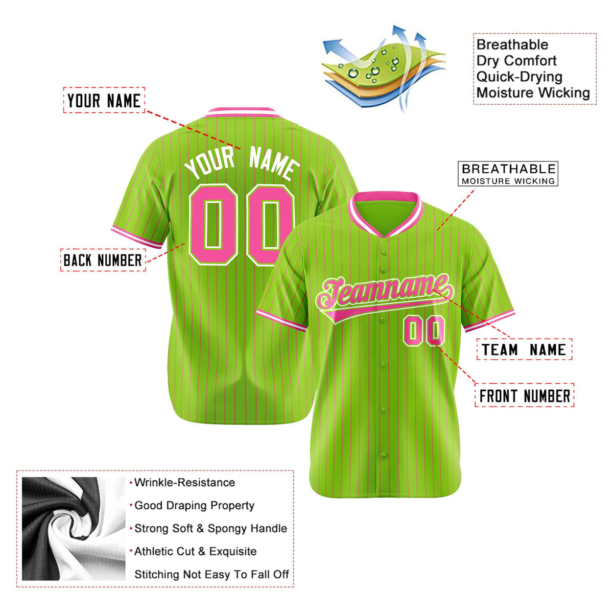 Custom Neon Green Pink Pinstripe Pink-White Authentic Baseball Jersey