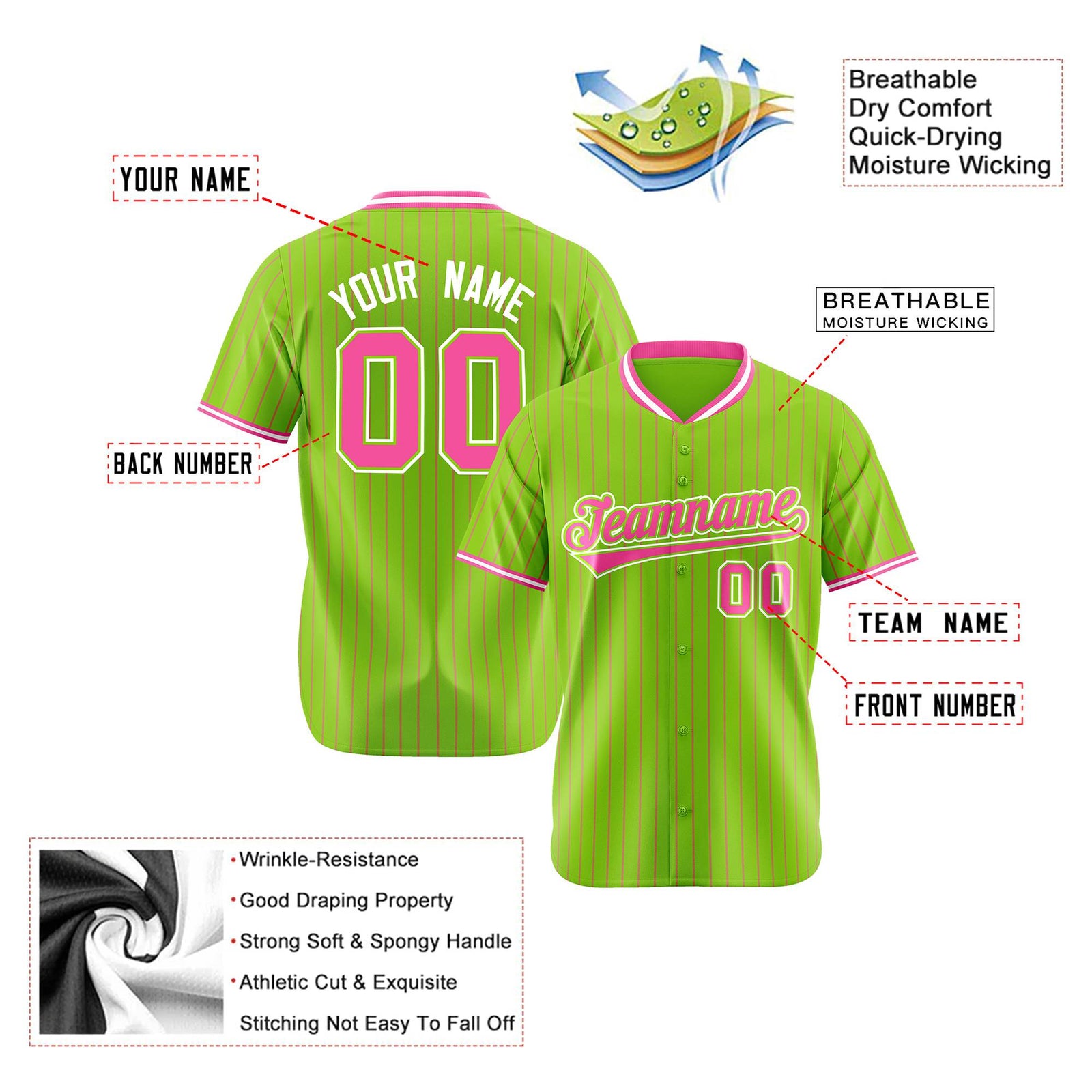 Custom Neon Green Pink Pinstripe Pink-White Authentic Baseball Jersey