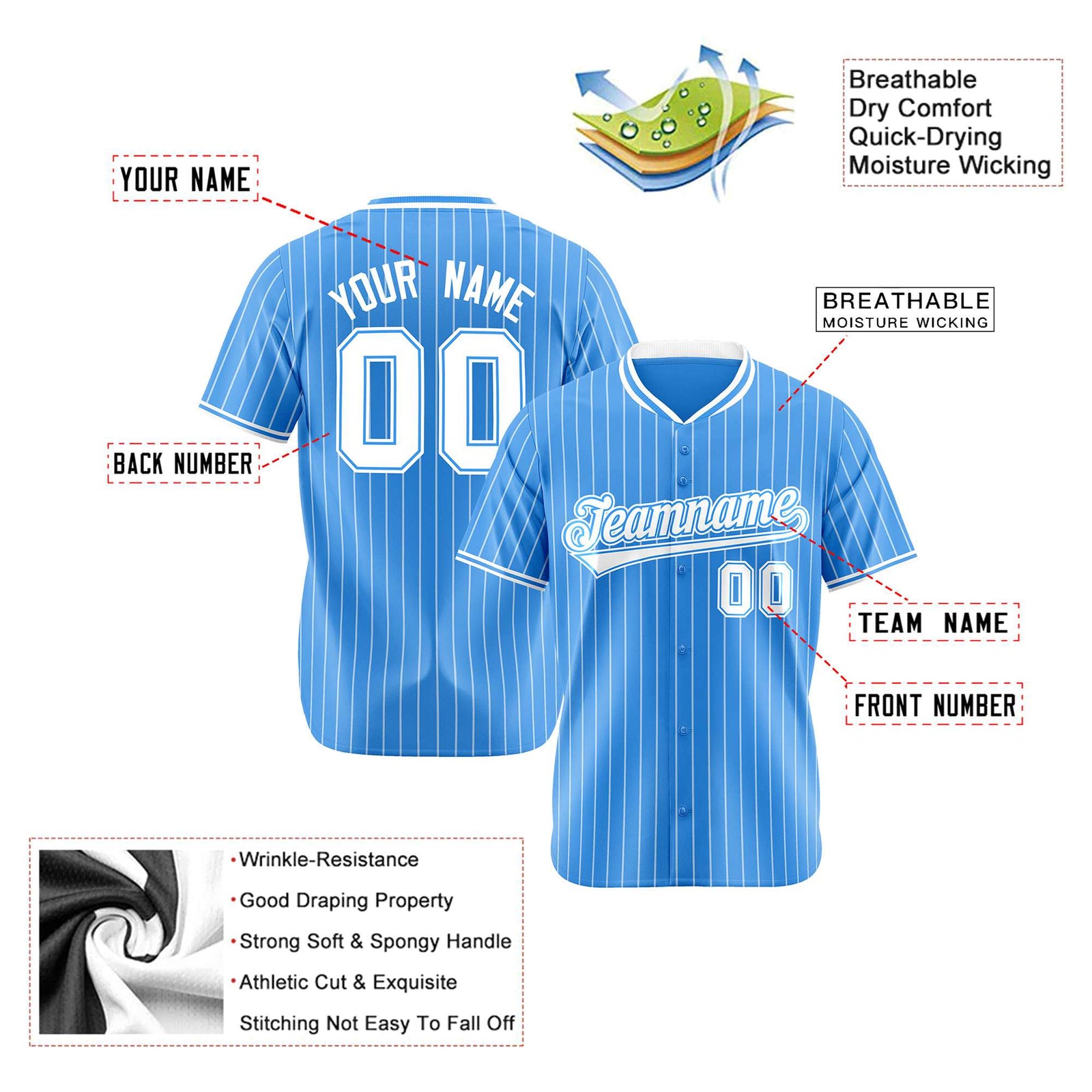 Custom Sky Blue White Pinstripe White Sky-Blue Authentic Baseball Jersey