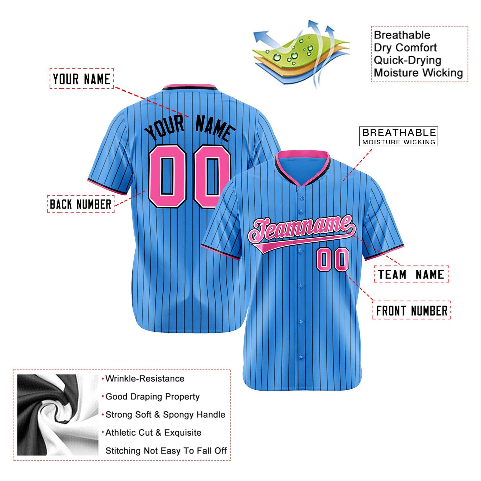 Custom Sky Blue Black Pinstripe Pink-White Authentic Baseball Jersey