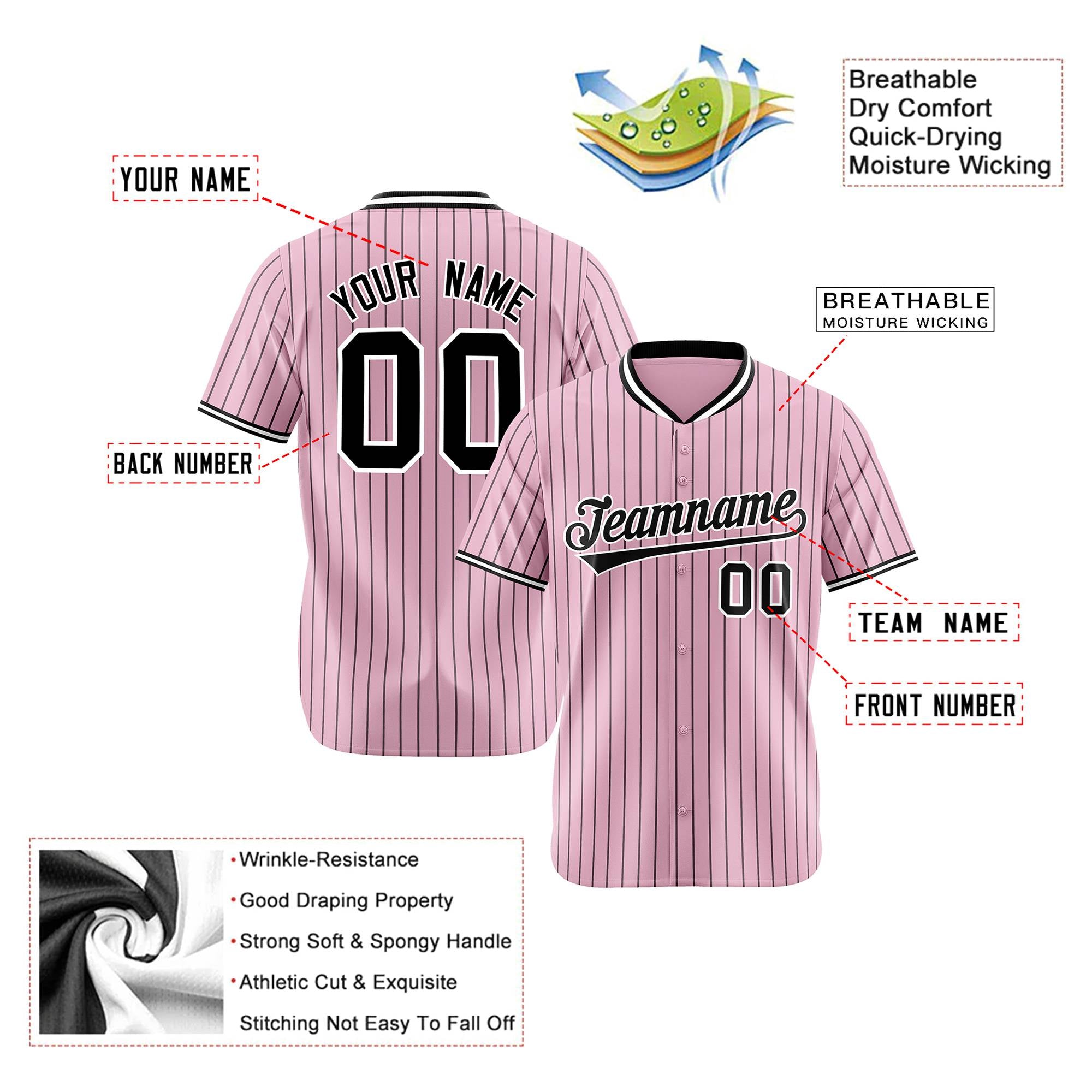 Custom Pink Black Pinstripe Black-White Authentic Baseball Jersey