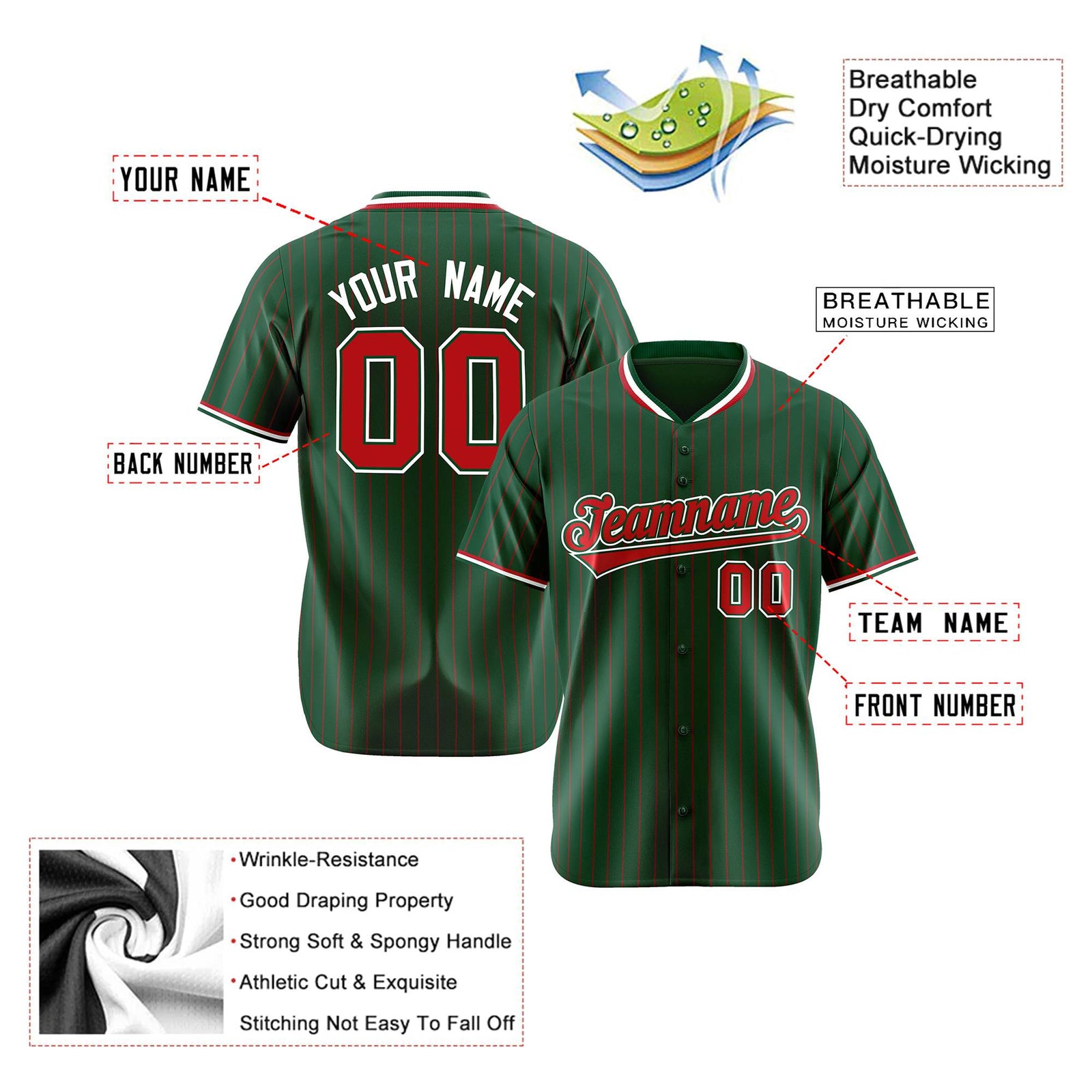 Custom Midnight Green Red Pinstripe Red-White Authentic Baseball Jersey