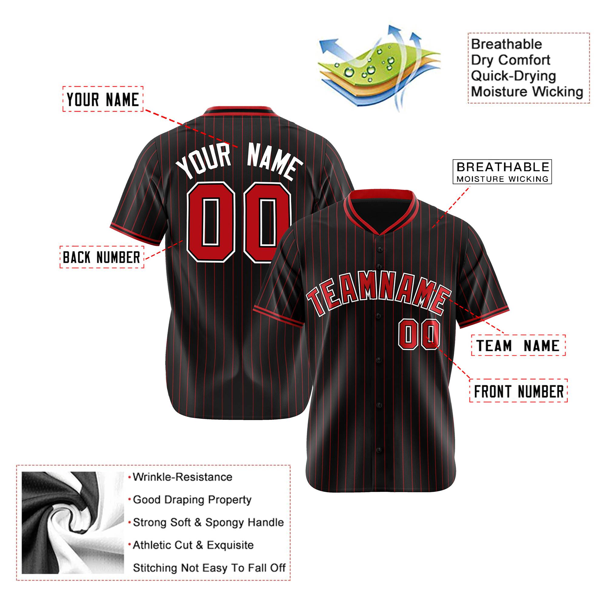 Custom Black Red Pinstripe Red-White Authentic Baseball Jersey