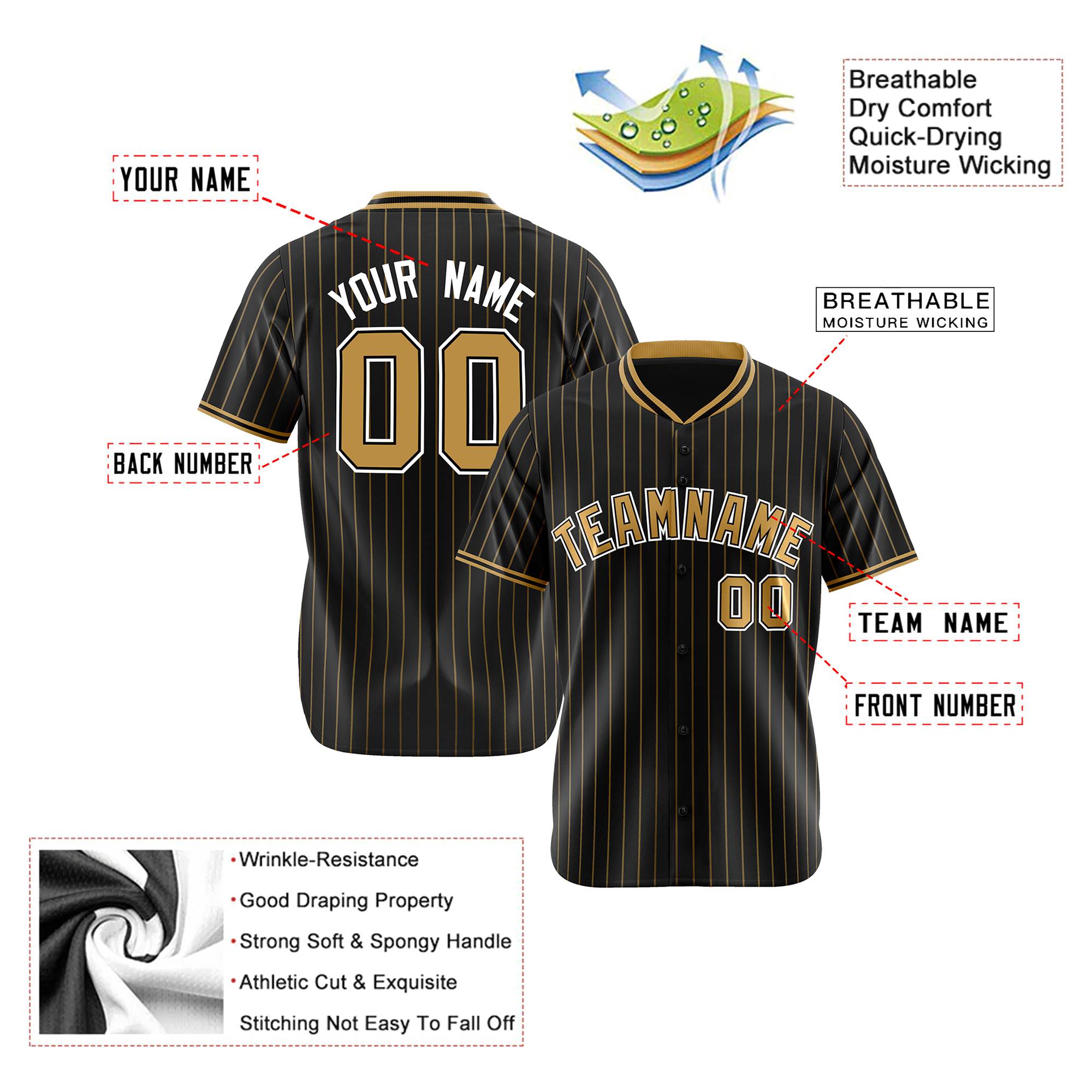 Custom Black Old-Gold Pinstripe Old-Gold White Authentic Baseball Jersey