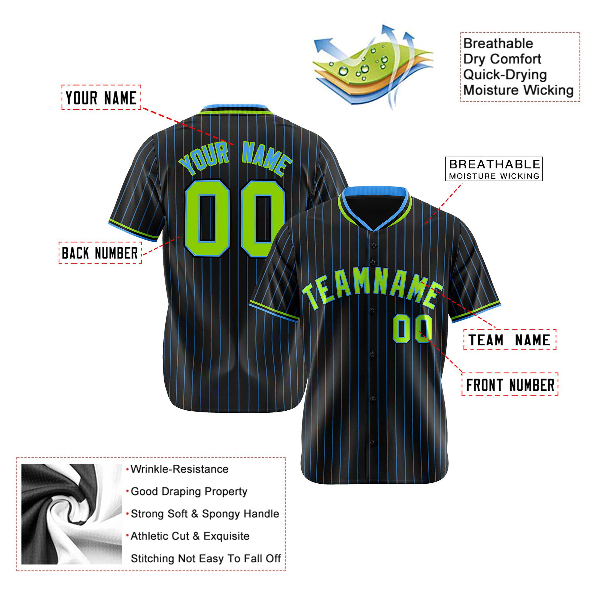 Custom Black Blue Pinstripe Neon-Green Blue Authentic Baseball Jersey