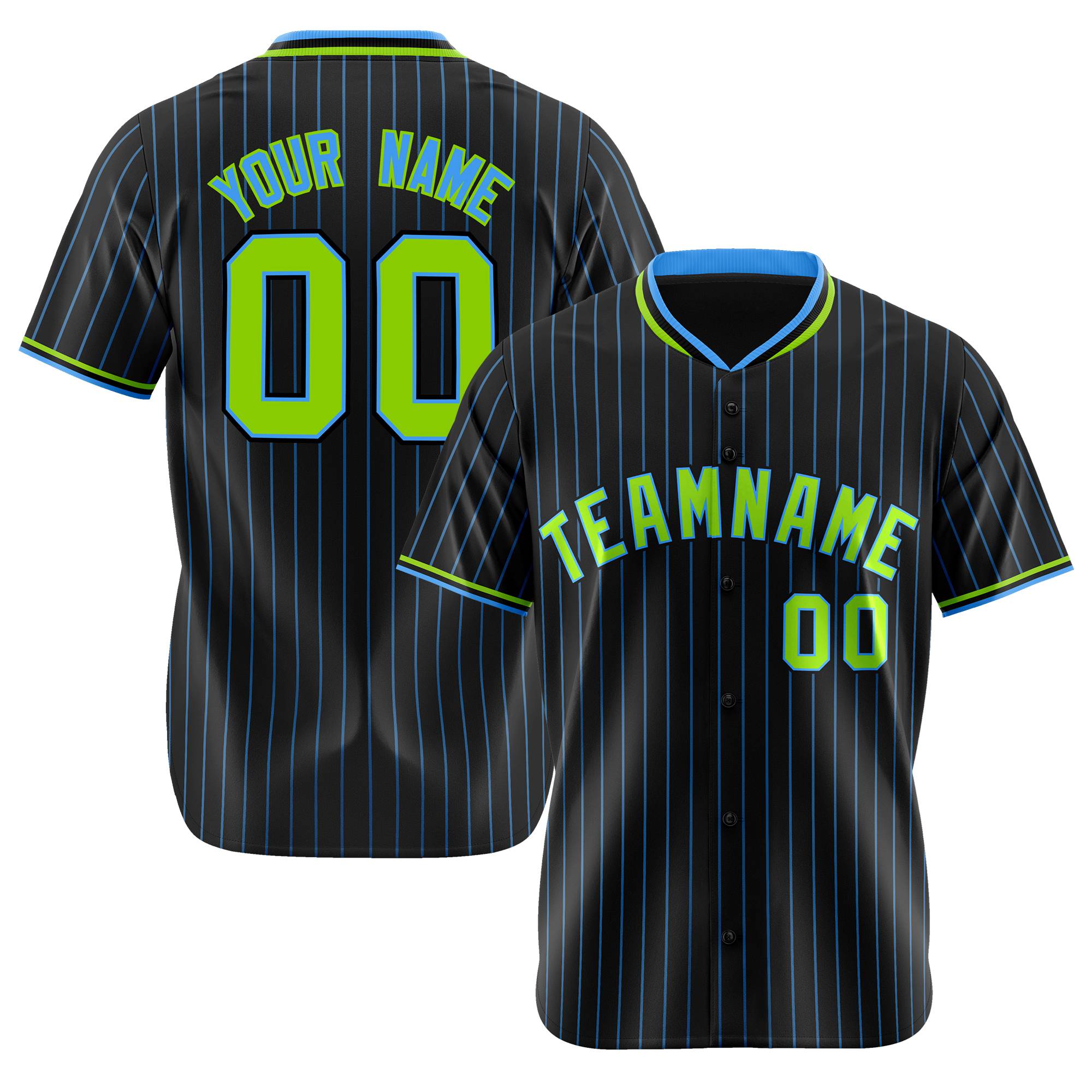 Custom Black Blue Pinstripe Neon-Green Blue Authentic Baseball Jersey