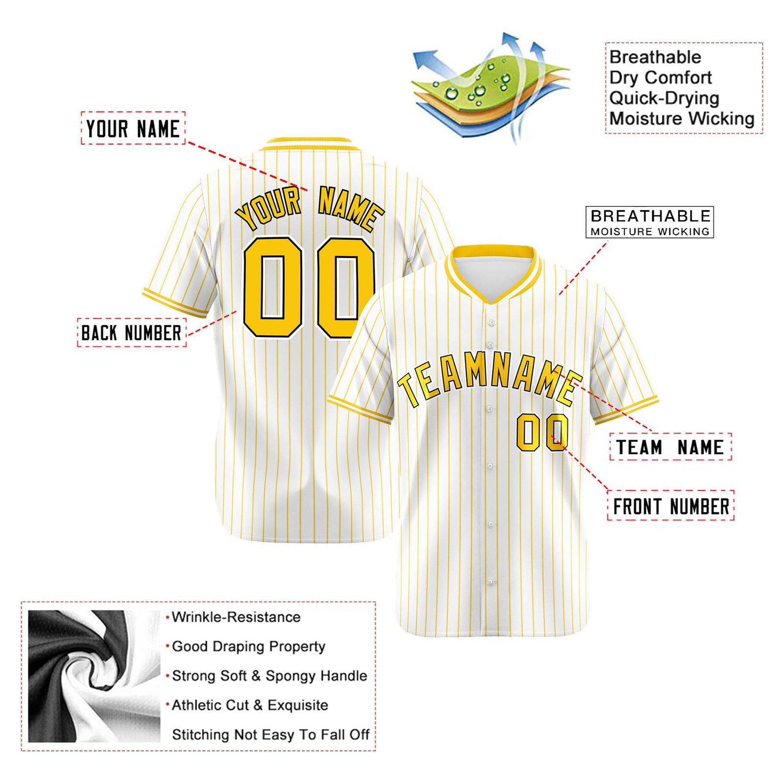 Custom White Yellow Pinstripe White-Yellow Black Authentic Baseball Jersey