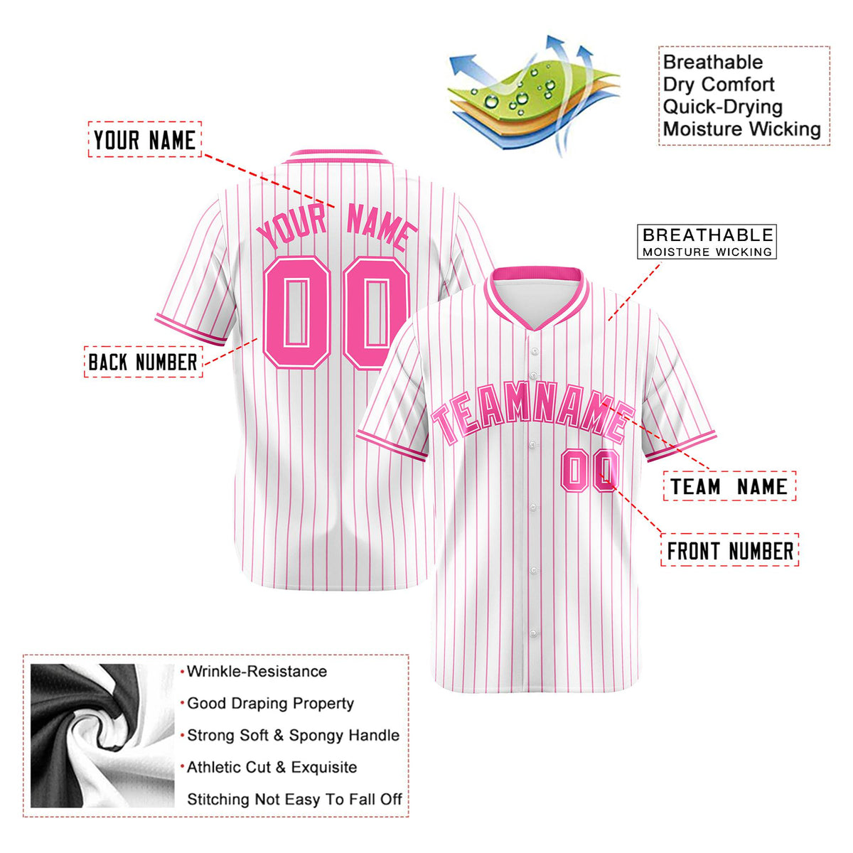 Custom White Pink Pinstripe White-Pink Authentic Baseball Jersey