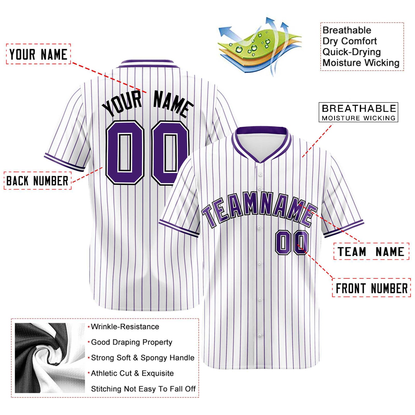 Custom White Purple Pinstripe White-Purple Black Authentic Baseball Jersey