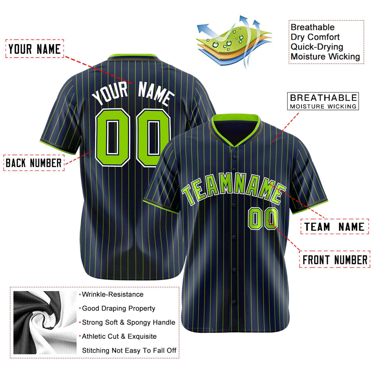 Custom Navy Neon-Green Pinstripe Neon-Green White Authentic Baseball Jersey