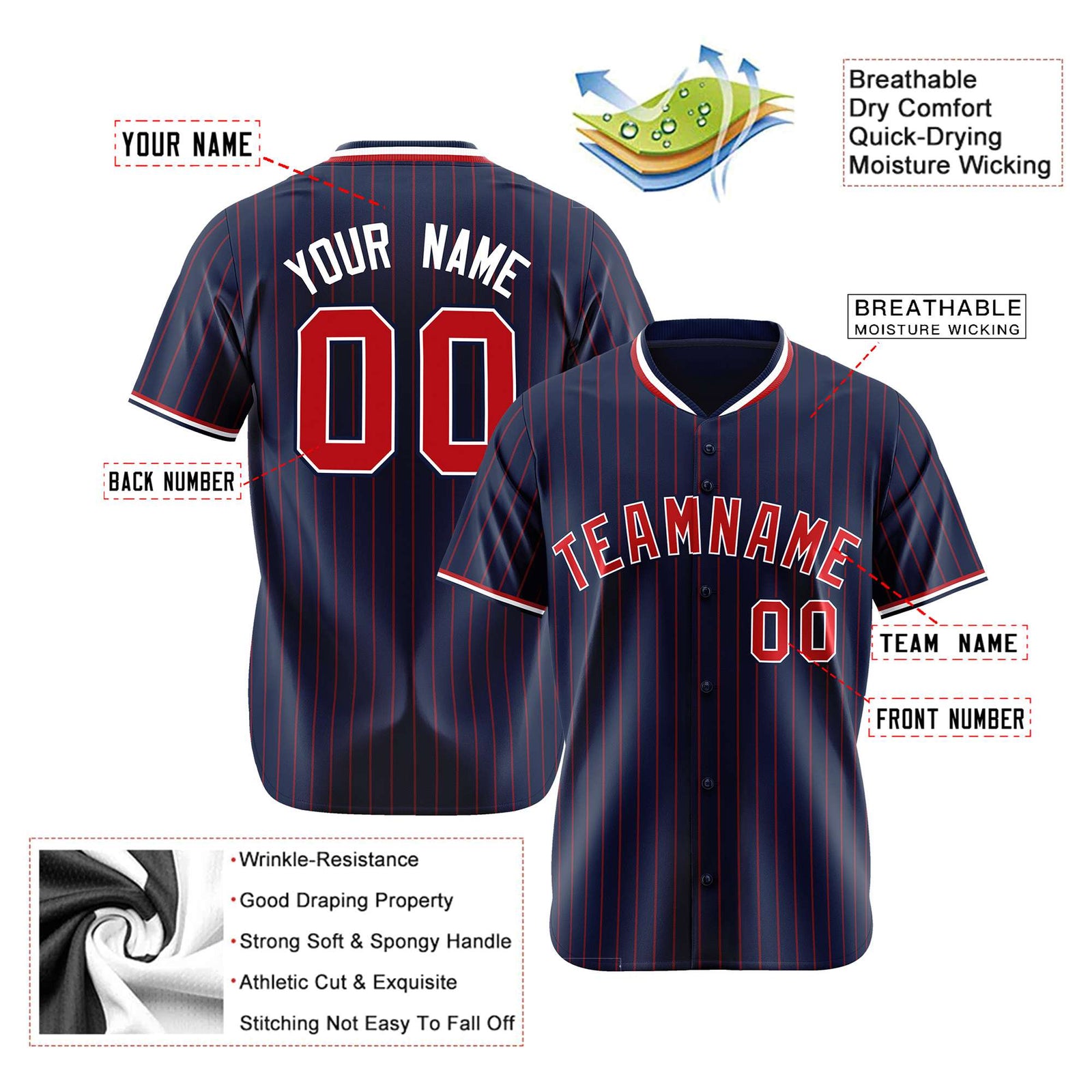 Custom Navy Red Pinstripe Red-White Authentic Baseball Jersey