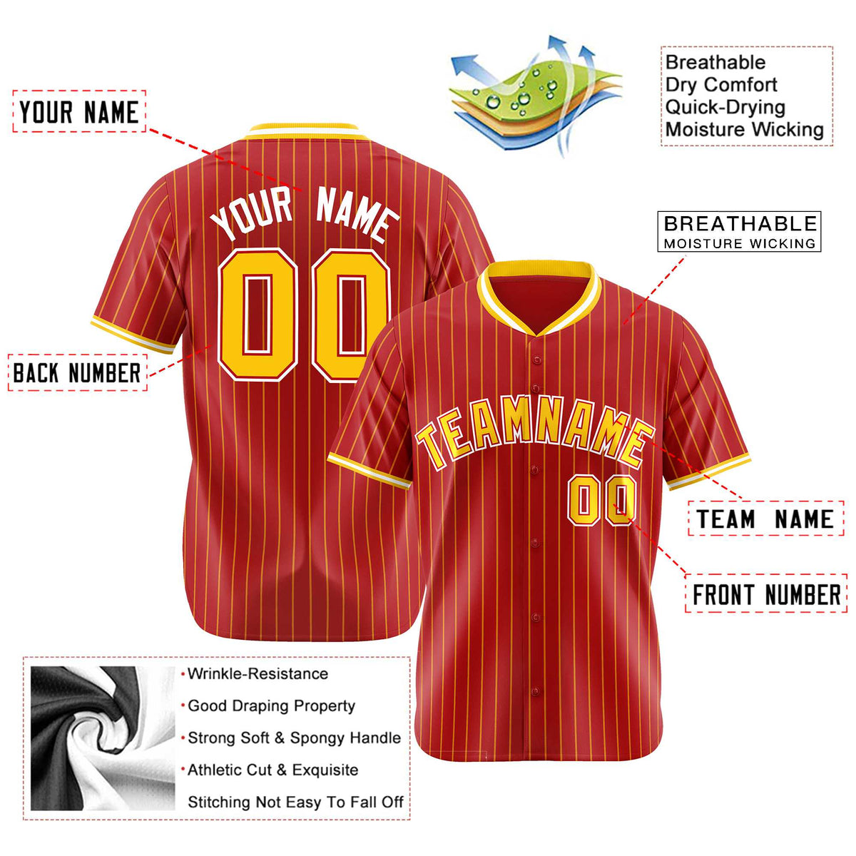 Custom Red Yellow Pinstripe Yellow-White Authentic Baseball Jersey