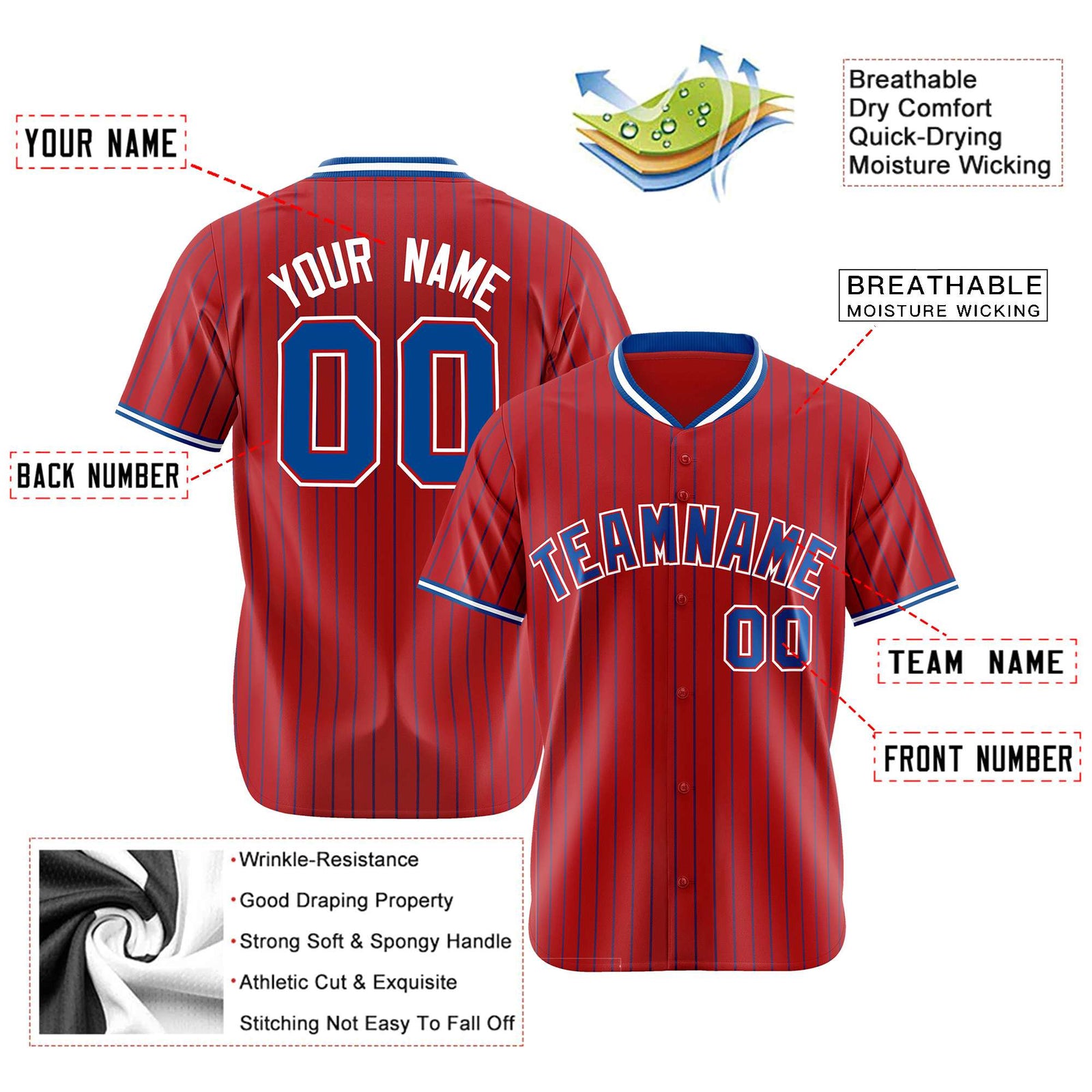 Custom Red Blue Pinstripe Blue-White Authentic Baseball Jersey