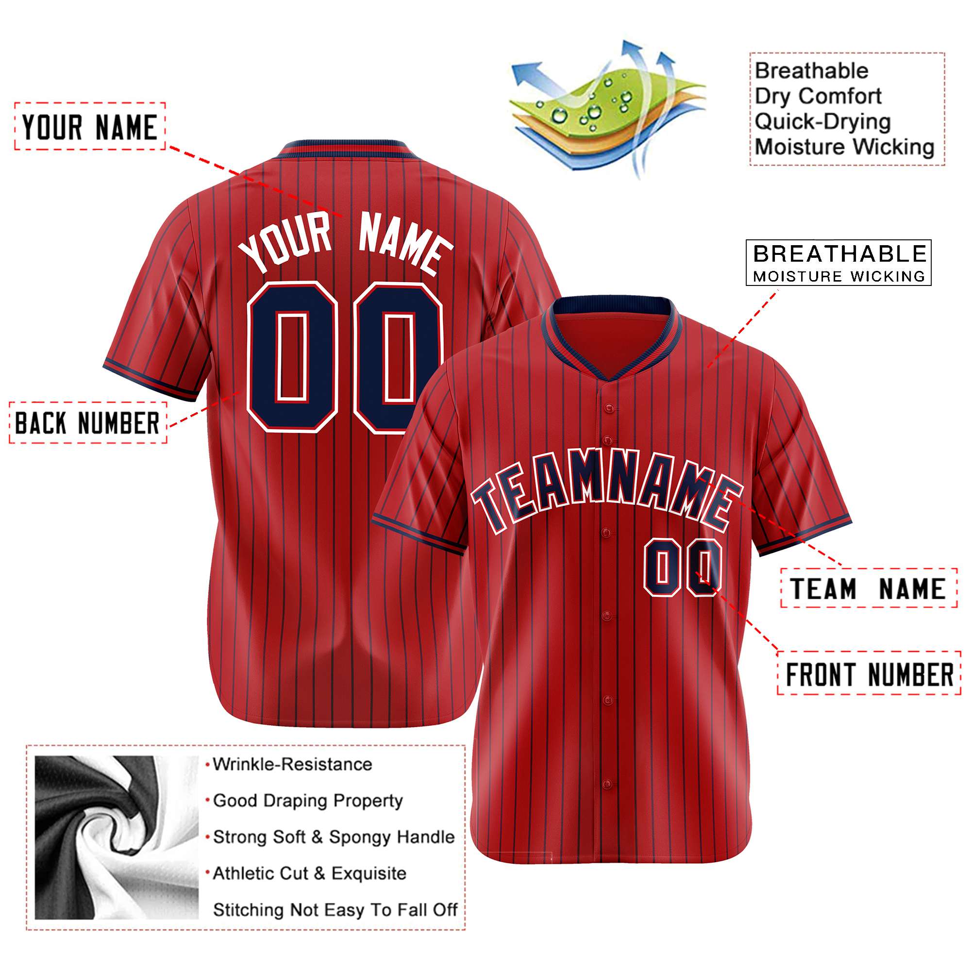 Custom Red Navy Pinstripe Navy-White Authentic Baseball Jersey