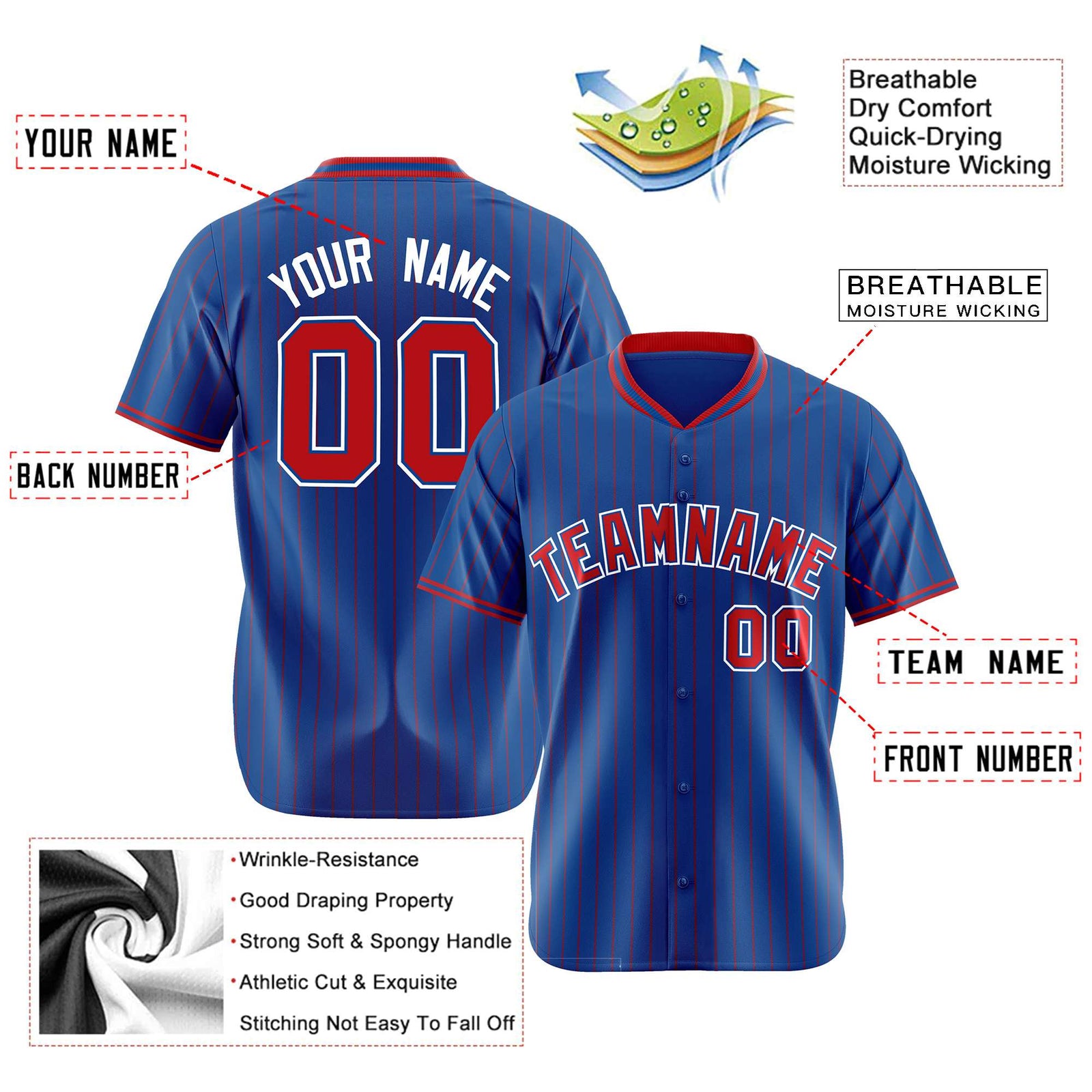 Custom Blue Red Pinstripe Red-White Authentic Baseball Jersey