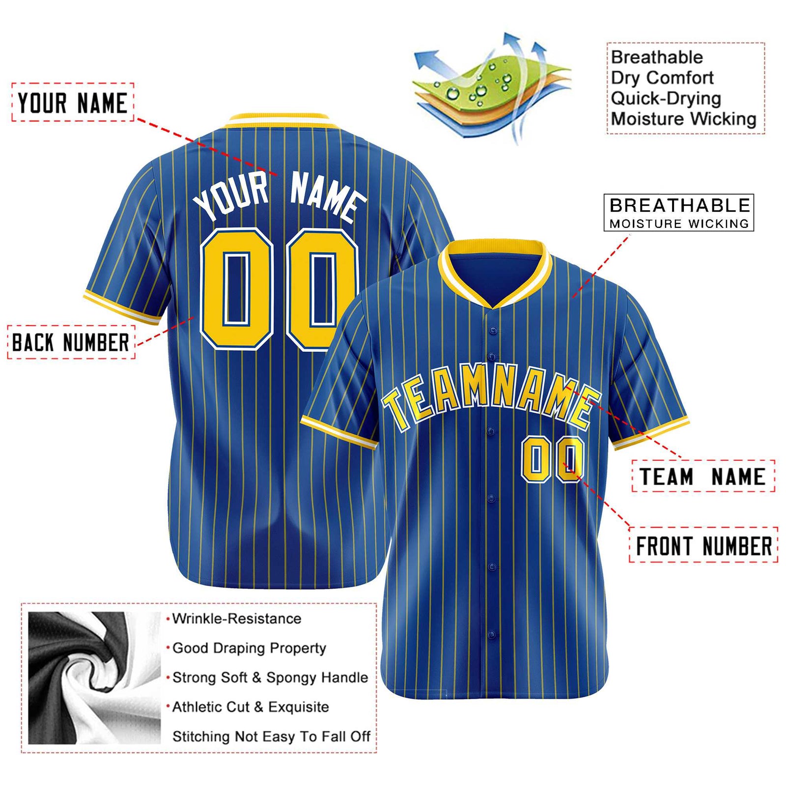 Custom Blue Yellow Pinstripe Yellow-White Authentic Baseball Jersey