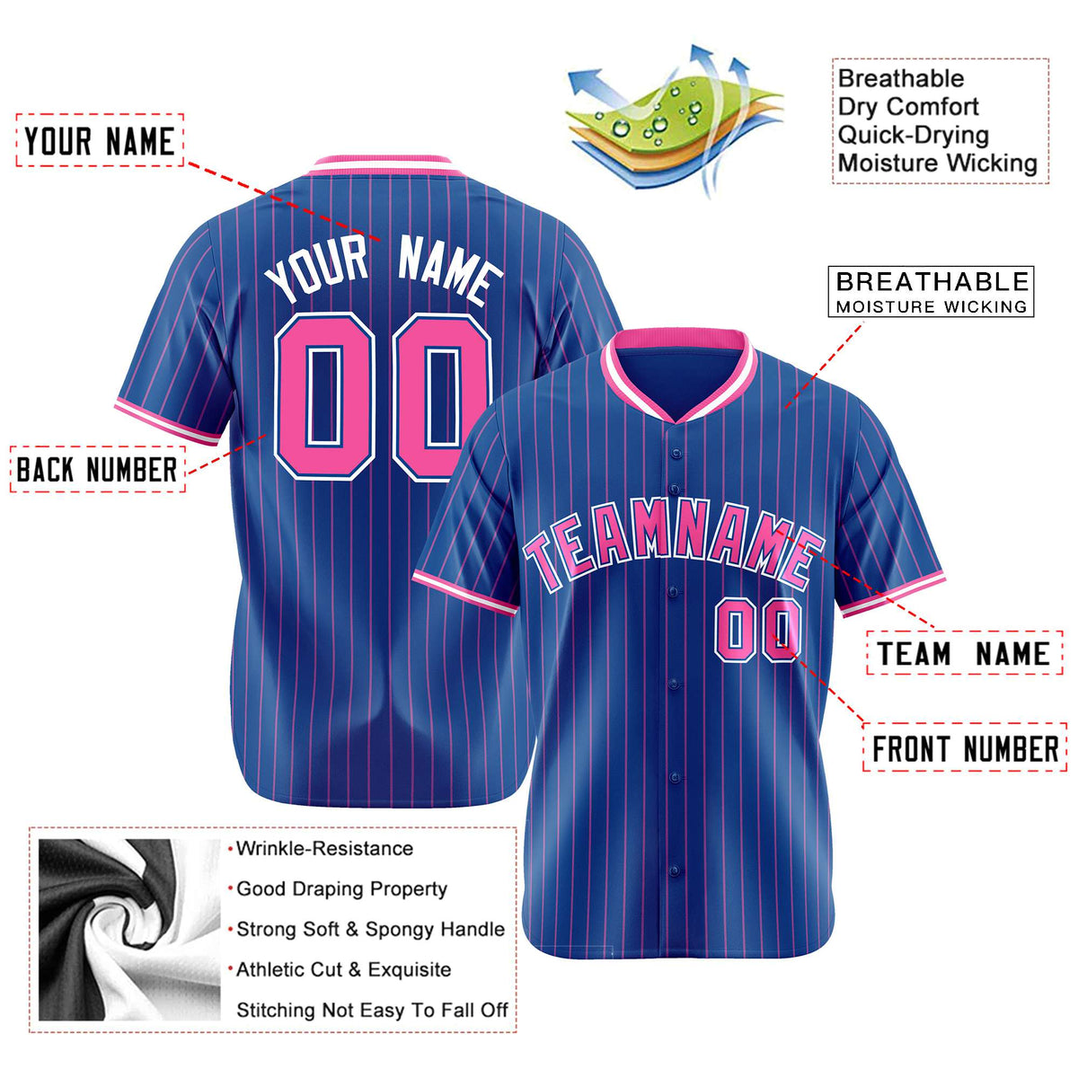 Custom Blue Pink Pinstripe Pink-White Authentic Baseball Jersey