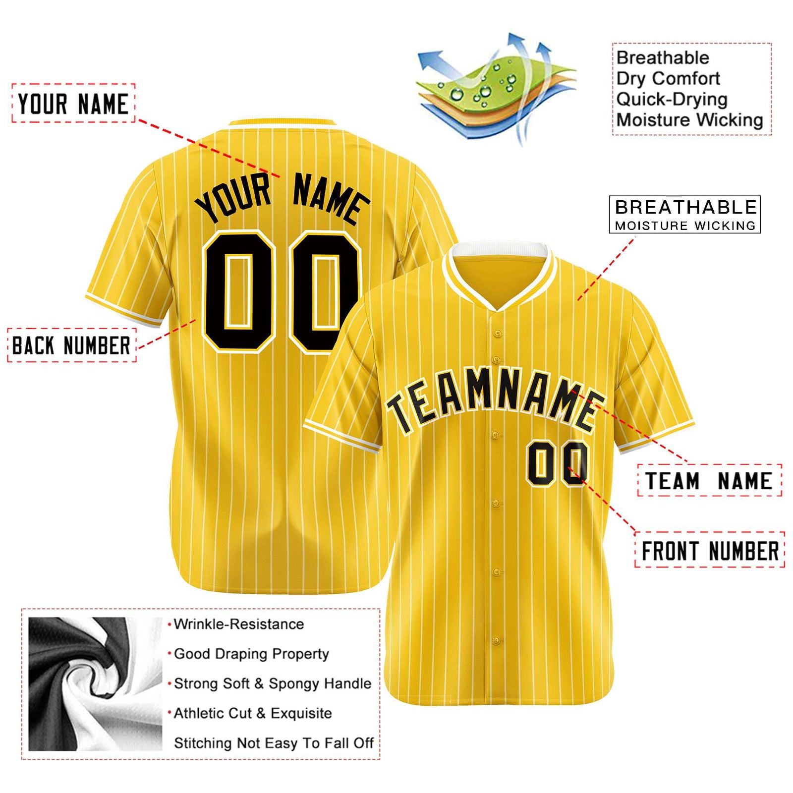 Custom Yellow White Pinstripe Black-White Authentic Baseball Jersey