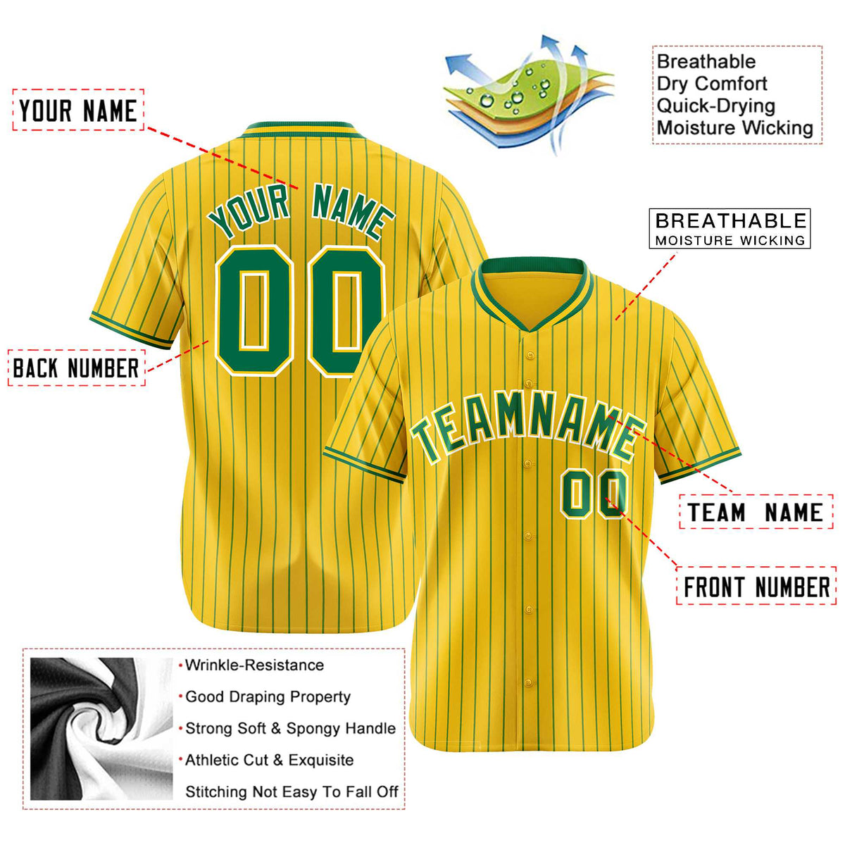 Custom Yellow Kelly-Green Pinstripe Kelly-Green White Authentic Baseball Jersey
