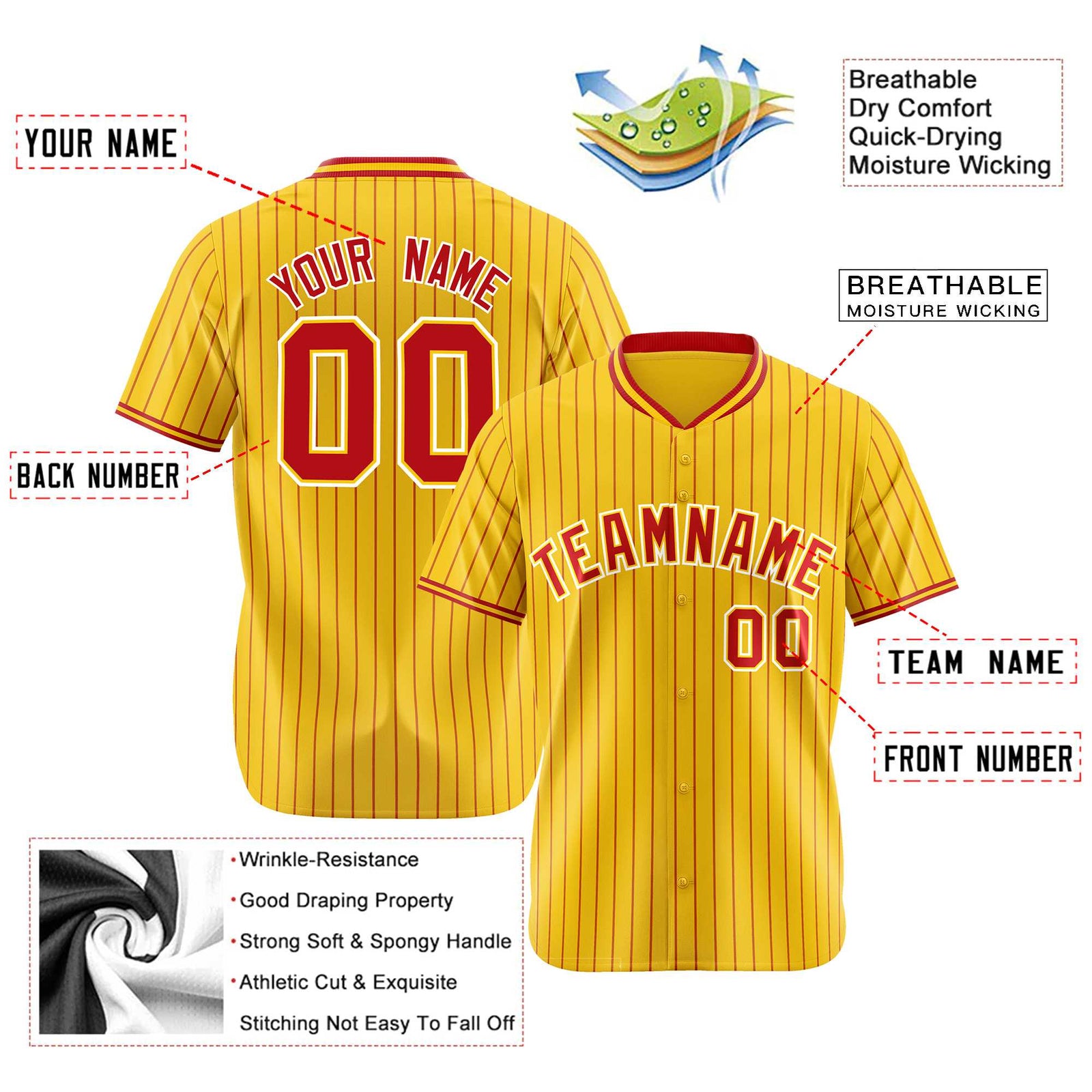 Custom Yellow Red Pinstripe Red-White Authentic Baseball Jersey