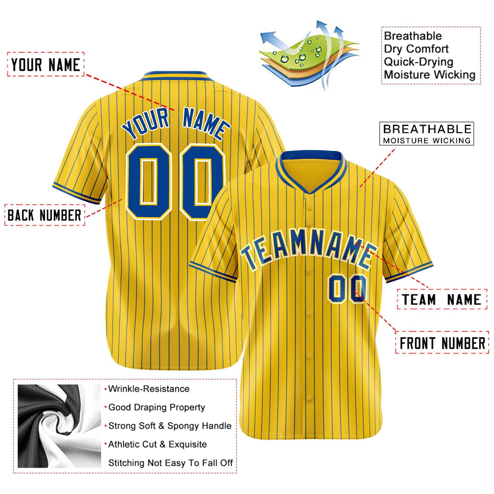 Custom Yellow Blue Pinstripe Blue-White Authentic Baseball Jersey