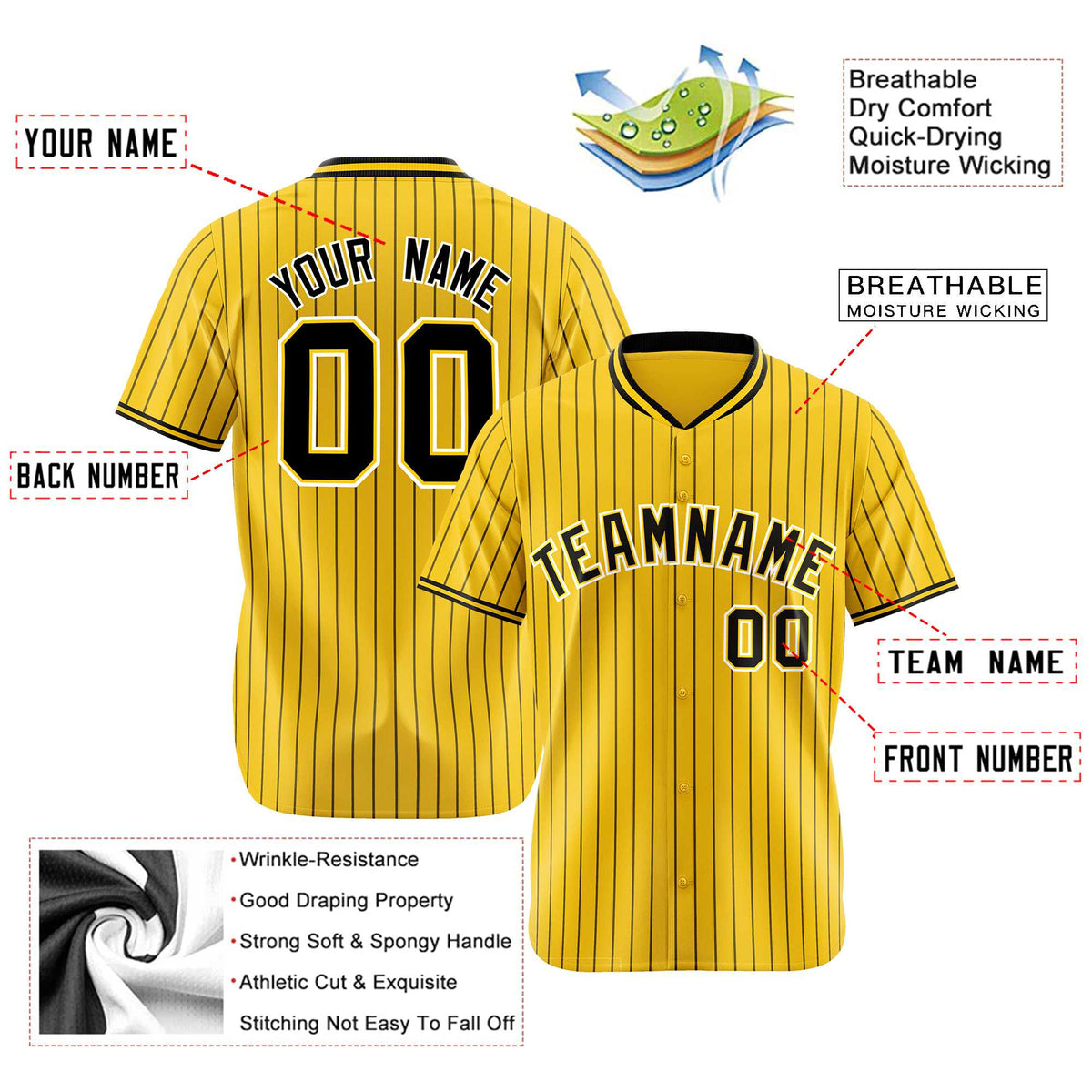 Custom Yellow Black Pinstripe Black-White Authentic Baseball Jersey