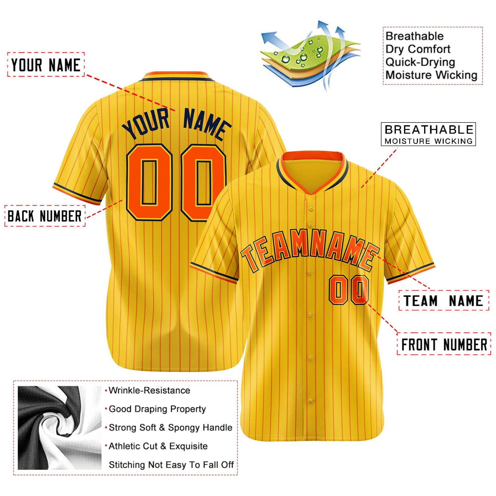 Custom Yellow Orange Pinstripe Orange-Black Authentic Baseball Jersey
