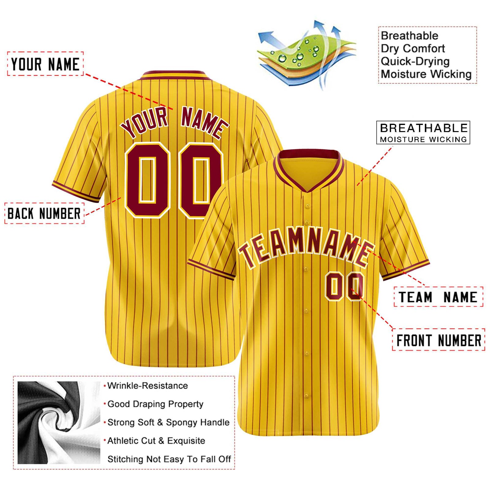 Custom Yellow Burgundy Pinstripe Burgundy-White Authentic Baseball Jersey