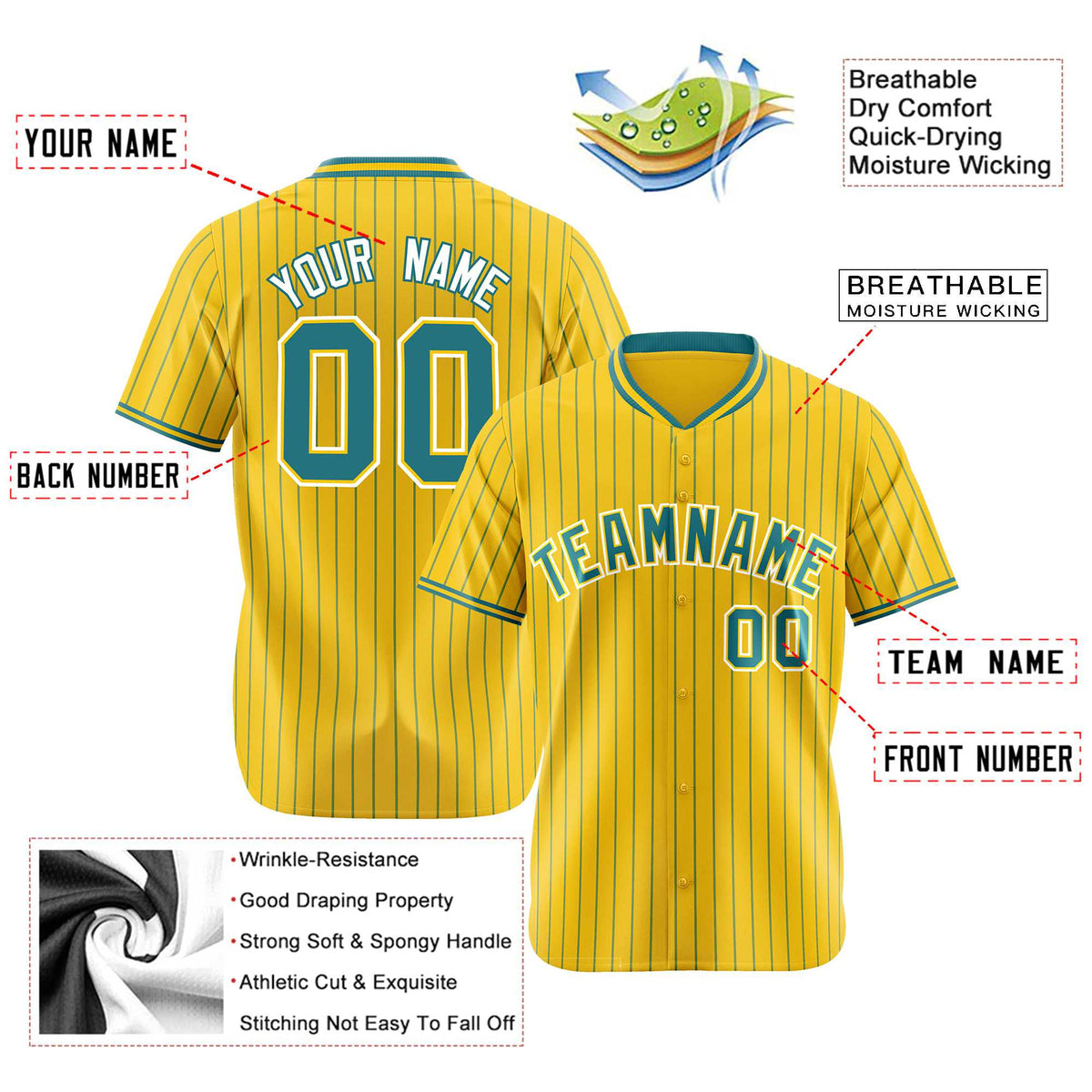 Custom Yellow Aqua Pinstripe Aqua-White Authentic Baseball Jersey