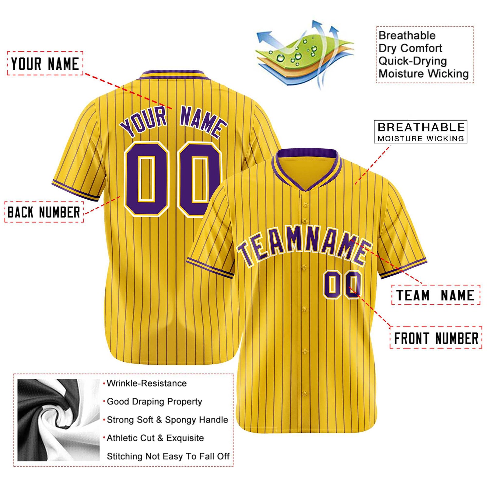 Custom Yellow Purple Pinstripe Purple-White Authentic Baseball Jersey