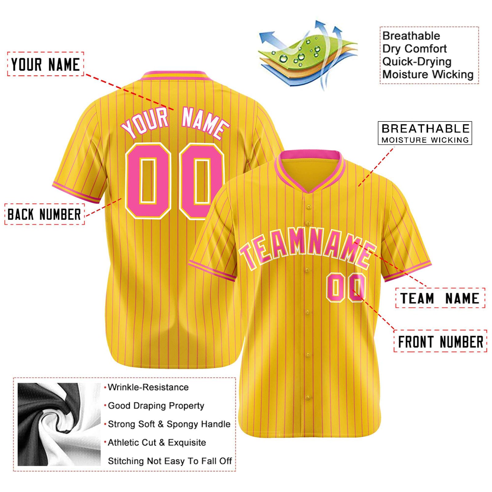 Custom Yellow Pink Pinstripe Pink-White Authentic Baseball Jersey