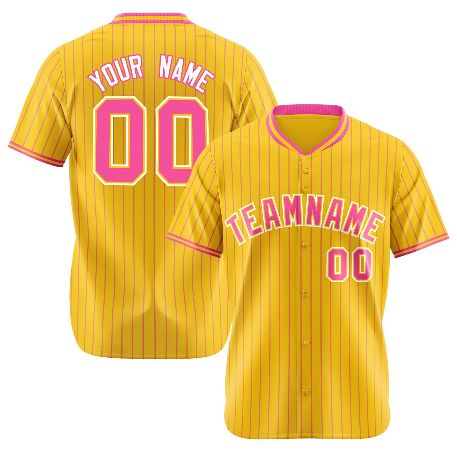 Custom Yellow Pink Pinstripe Pink-White Authentic Baseball Jersey