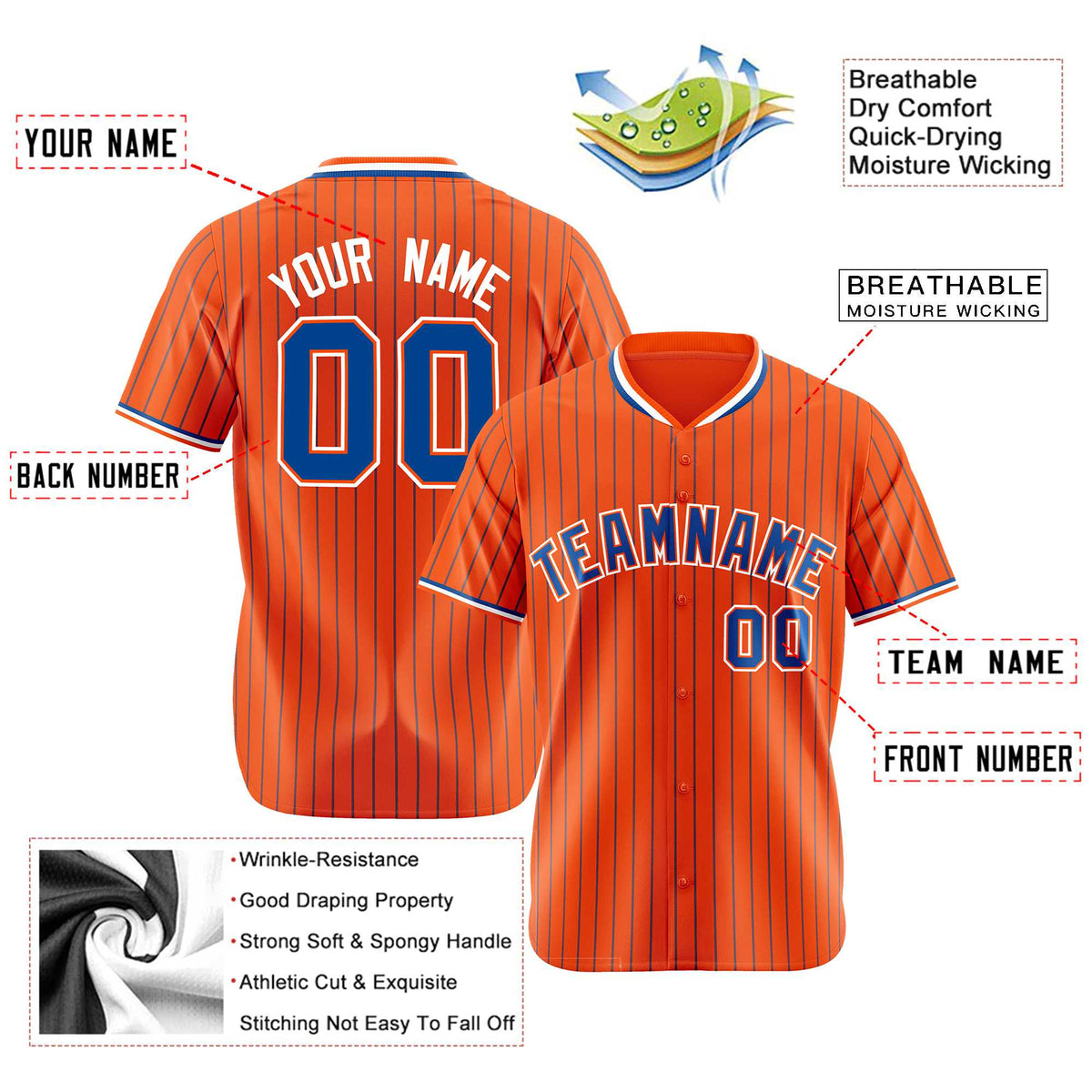Custom Orange Blue Pinstripe Blue-White Authentic Baseball Jersey