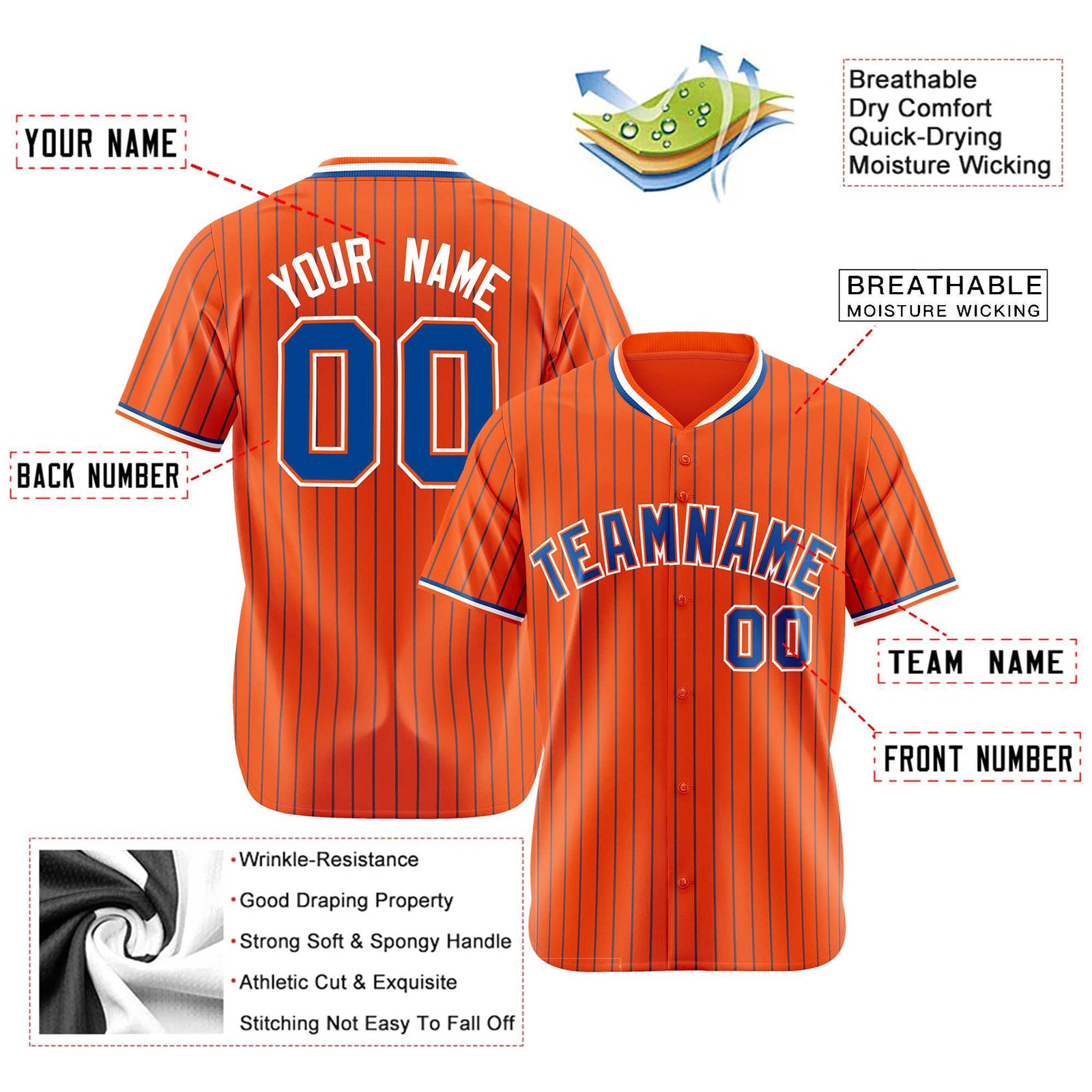 Custom Orange Blue Pinstripe Blue-White Authentic Baseball Jersey