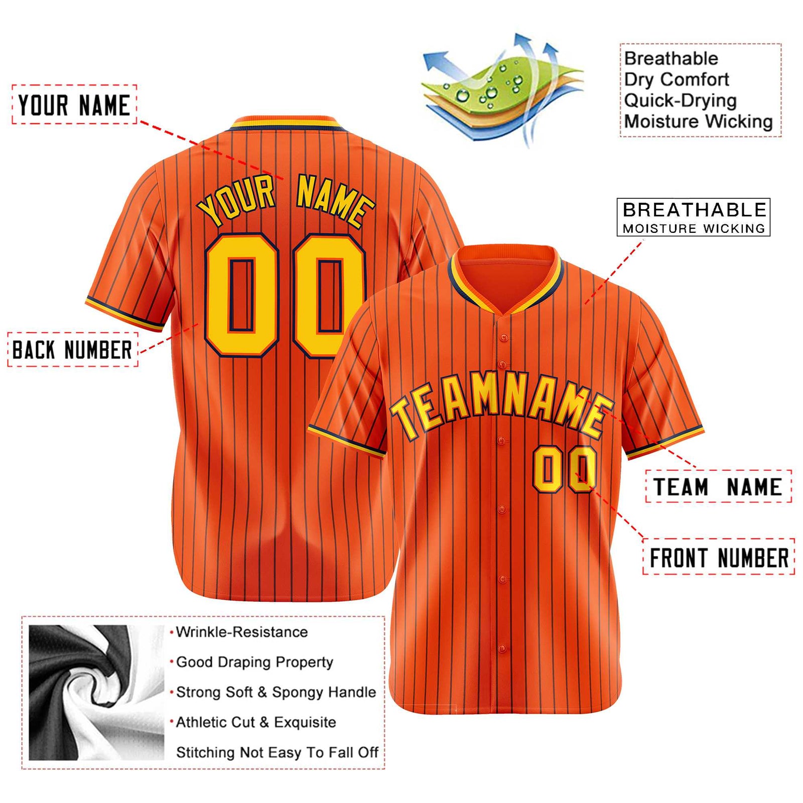 Custom Orange Navy Pinstripe Gold-Navy Authentic Baseball Jersey