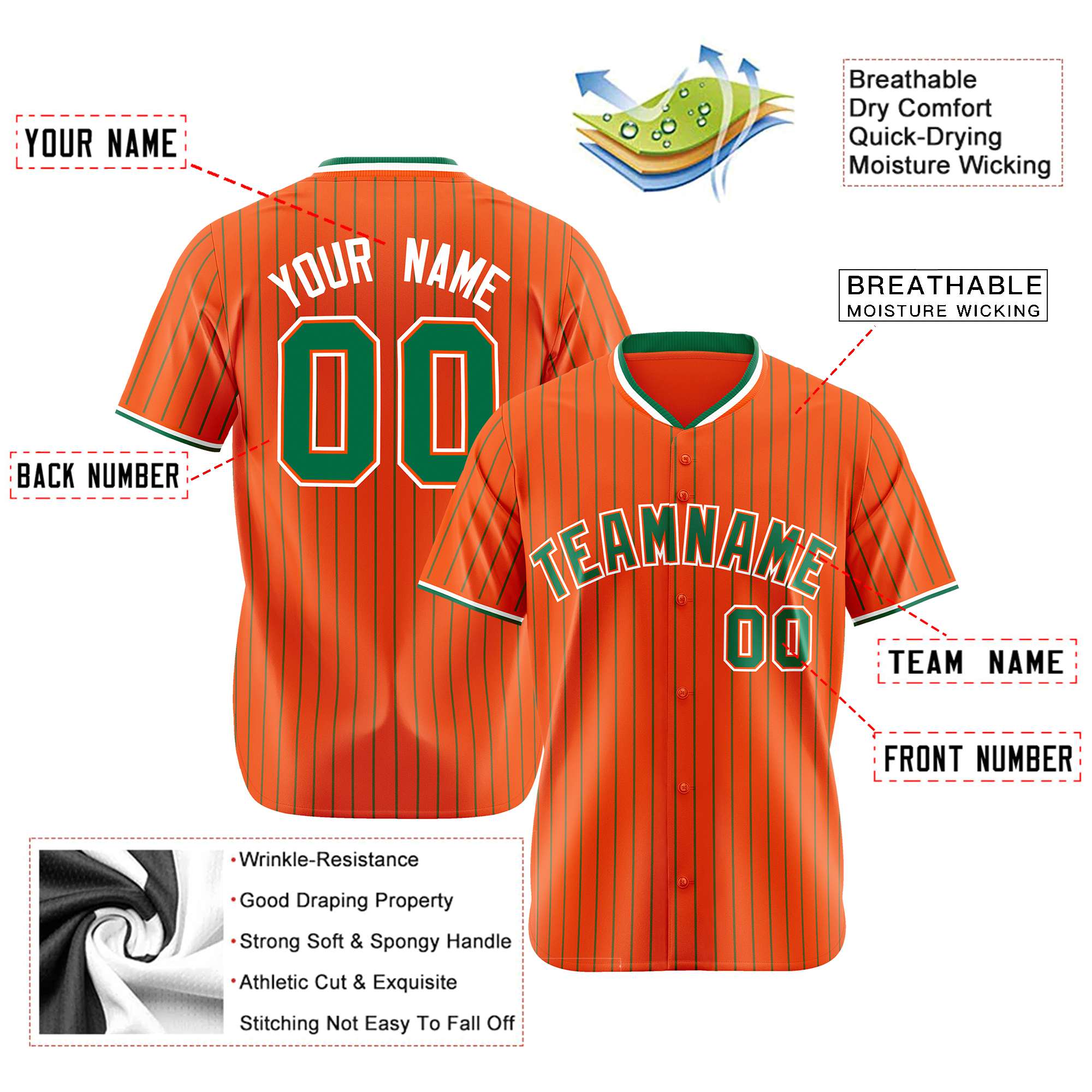 Custom Orange Kelly-Green Pinstripe Kelly-Green White Authentic Baseball Jersey