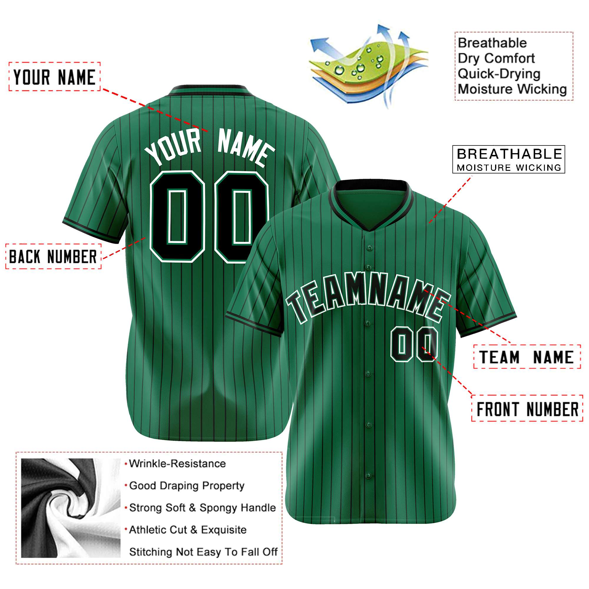 Custom Kelly Green Black Pinstripe Black-White Authentic Baseball Jersey