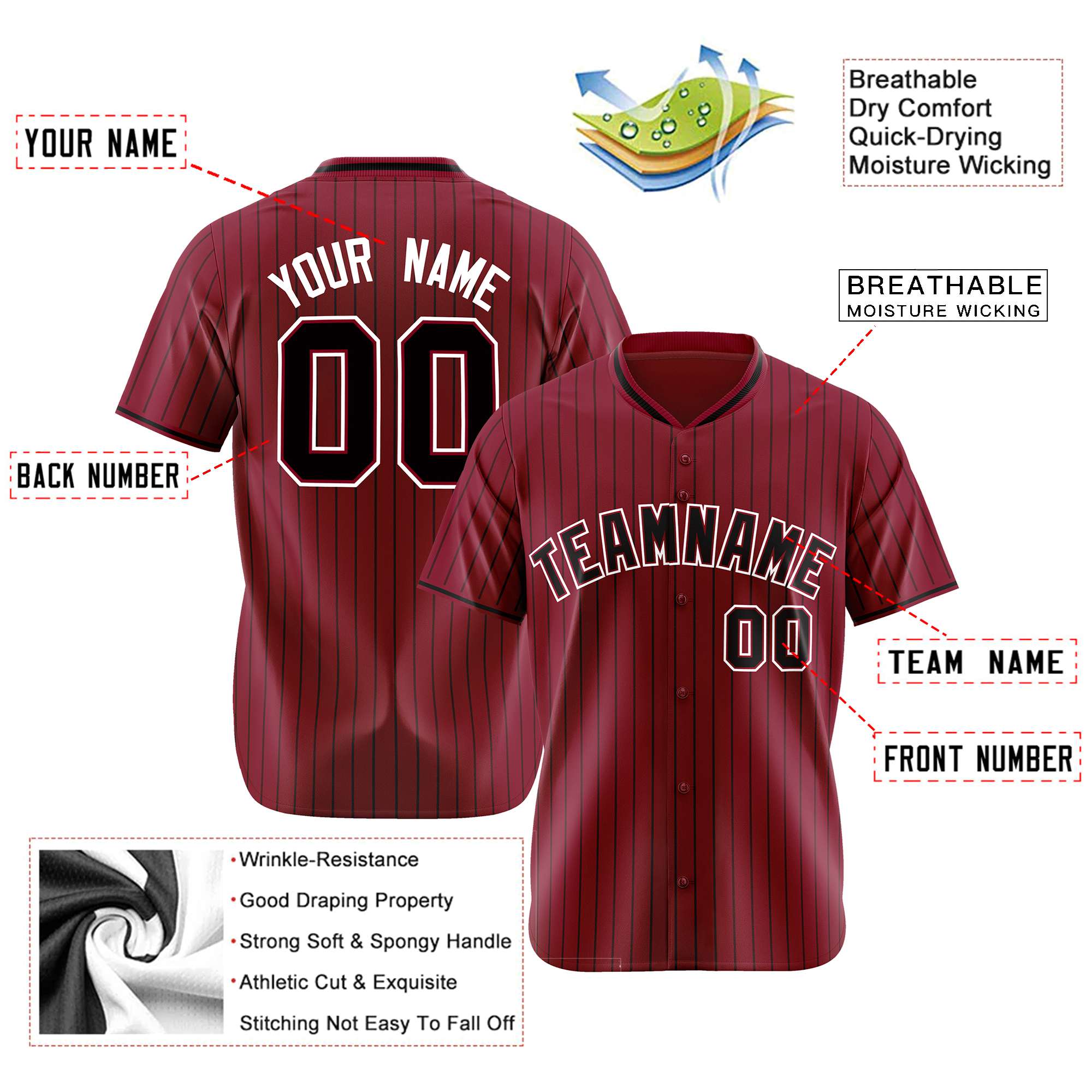 Custom Crimson Black Pinstripe Black-White Authentic Baseball Jersey