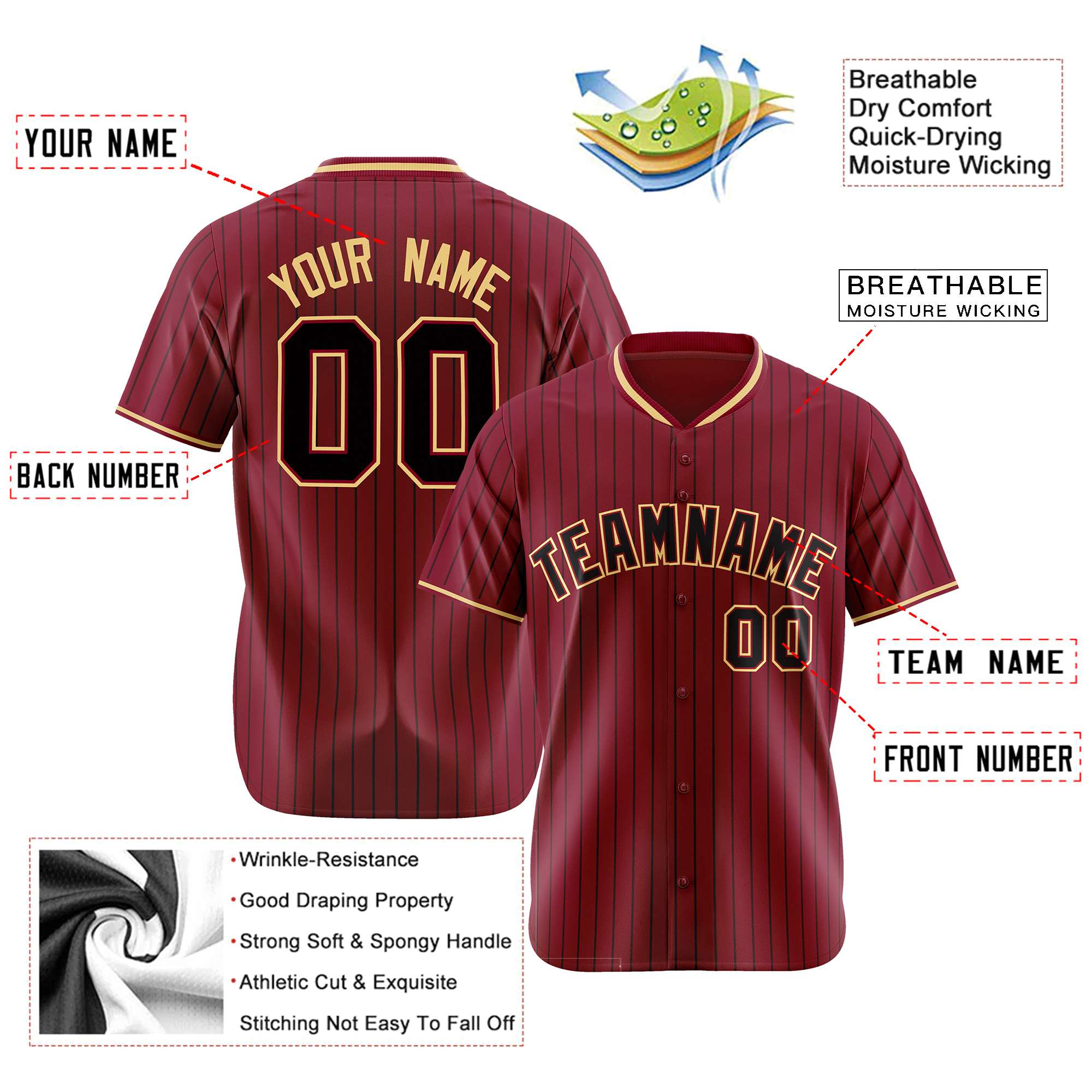 Custom Crimson Black Pinstripe Black Old-Gold Authentic Baseball Jersey