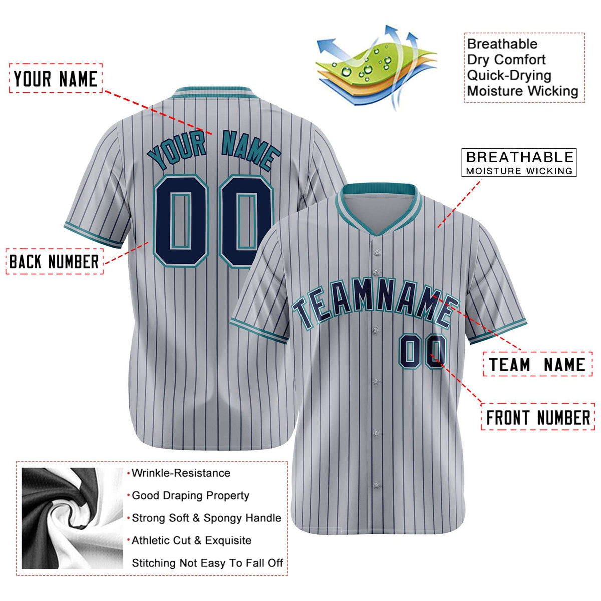 Custom Gray Navy Pinstripe Navy-Aqua Authentic Baseball Jersey