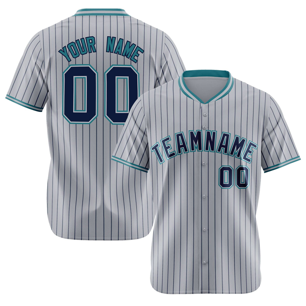 Custom Gray Navy Pinstripe Navy-Aqua Authentic Baseball Jersey