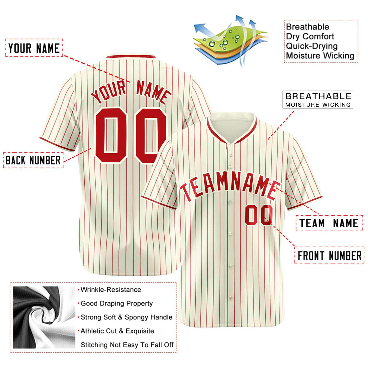 Custom Cream Red Pinstripe Red-White Authentic Baseball Jersey