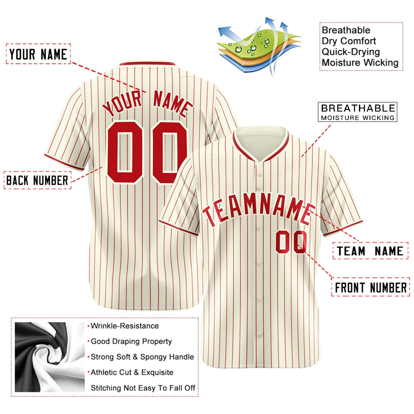Custom Cream Red Pinstripe Red-White Authentic Baseball Jersey