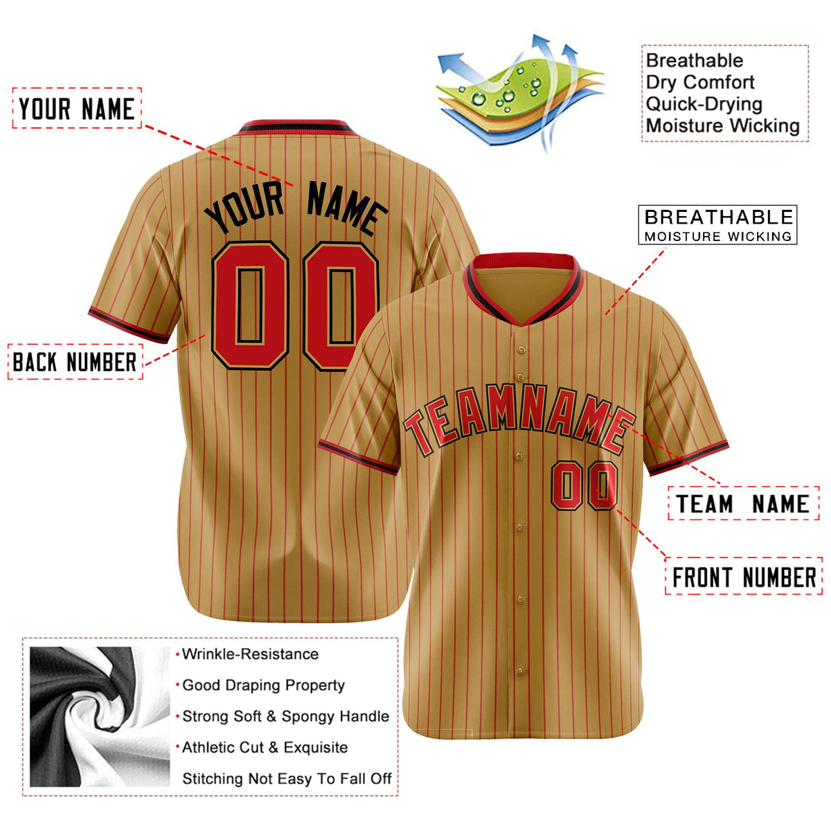 Custom Brwon Red Pinstripe Red-Black Authentic Baseball Jersey