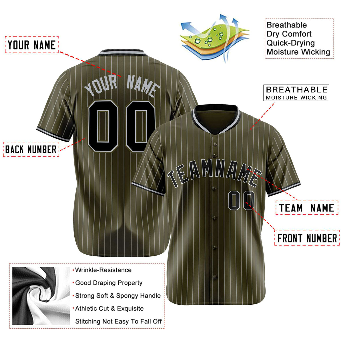 Custom Olive Black Pinstripe Black-Gray Authentic Baseball Jersey