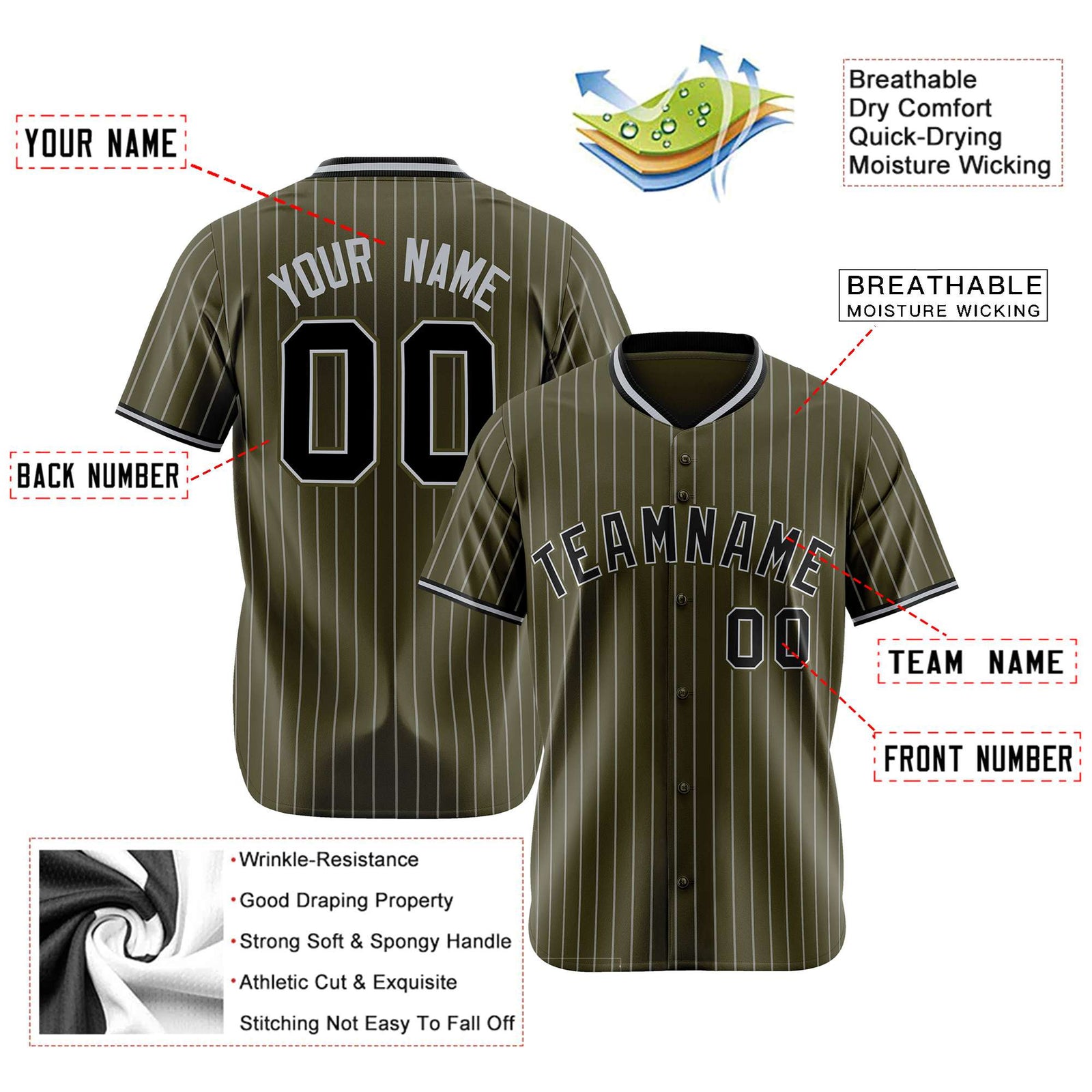 Custom Olive Black Pinstripe Black-Gray Authentic Baseball Jersey