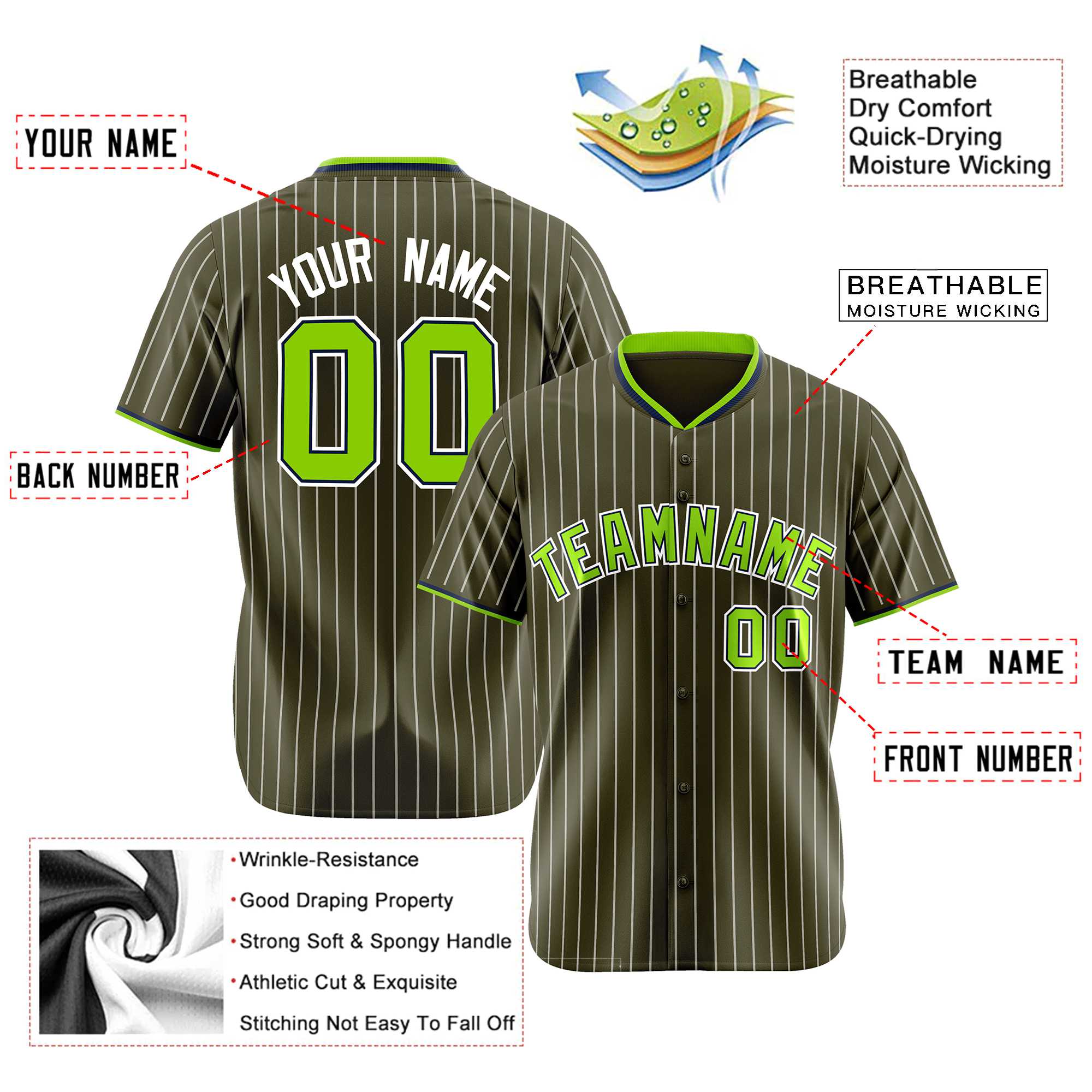 Custom Olive Neon-Green Pinstripe Neon-Greenv White Authentic Baseball Jersey