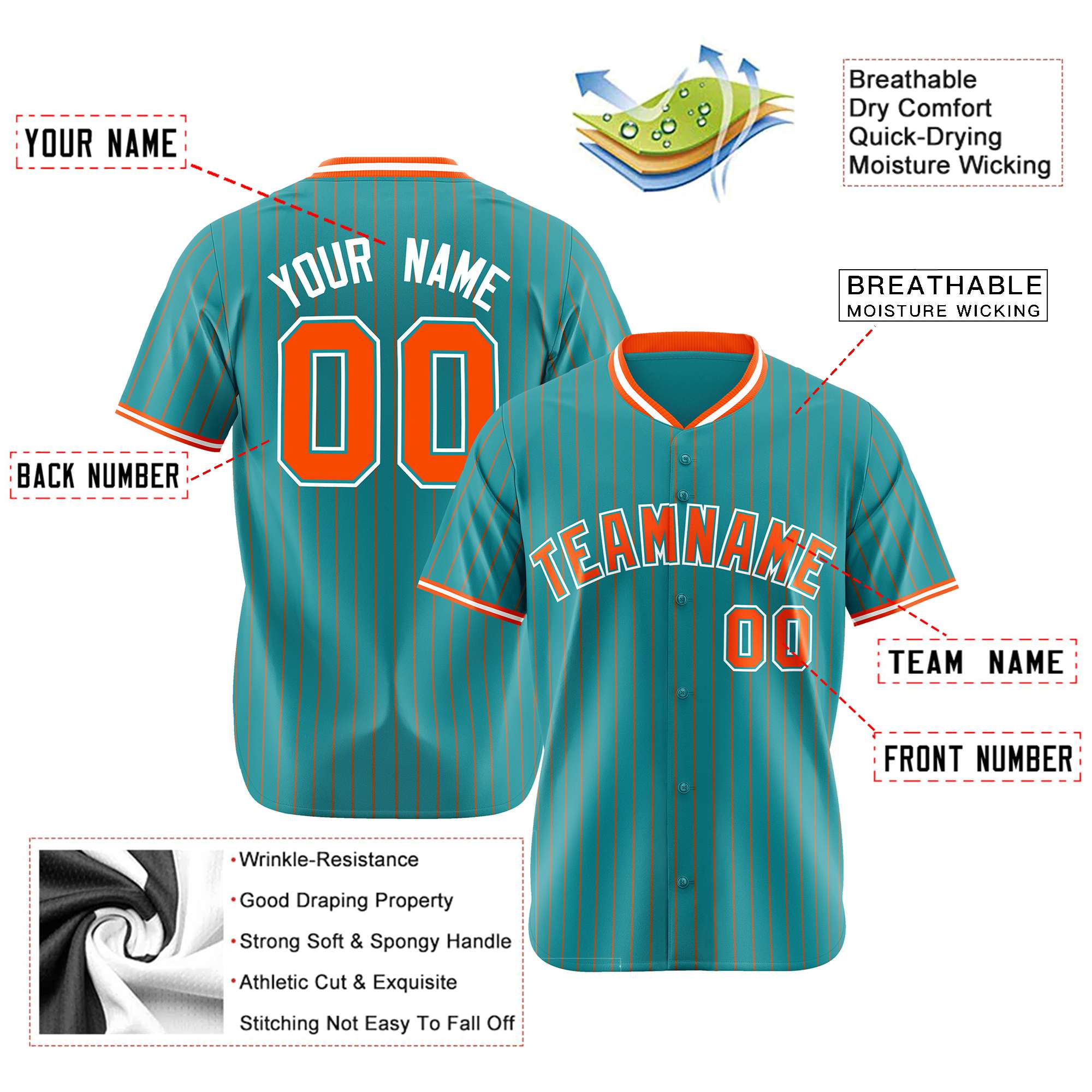 Custom Aqua Orange Pinstripe Orange-White Authentic Baseball Jersey