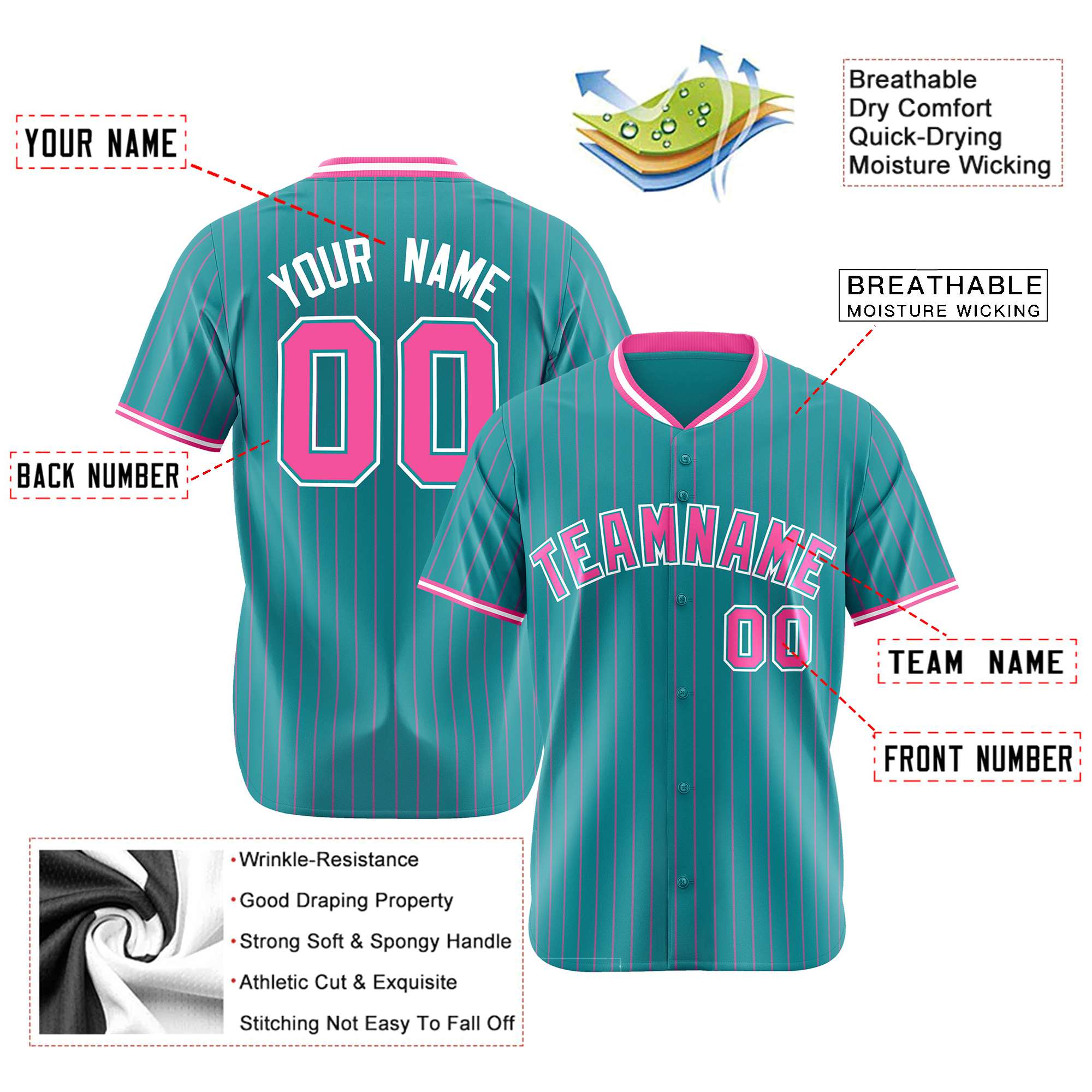 Custom Aqua Pink Pinstripe Pink-White Authentic Baseball Jersey